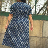Indigo Dabu Booti Handblock print A-lin cotton dress with Pink stitch work