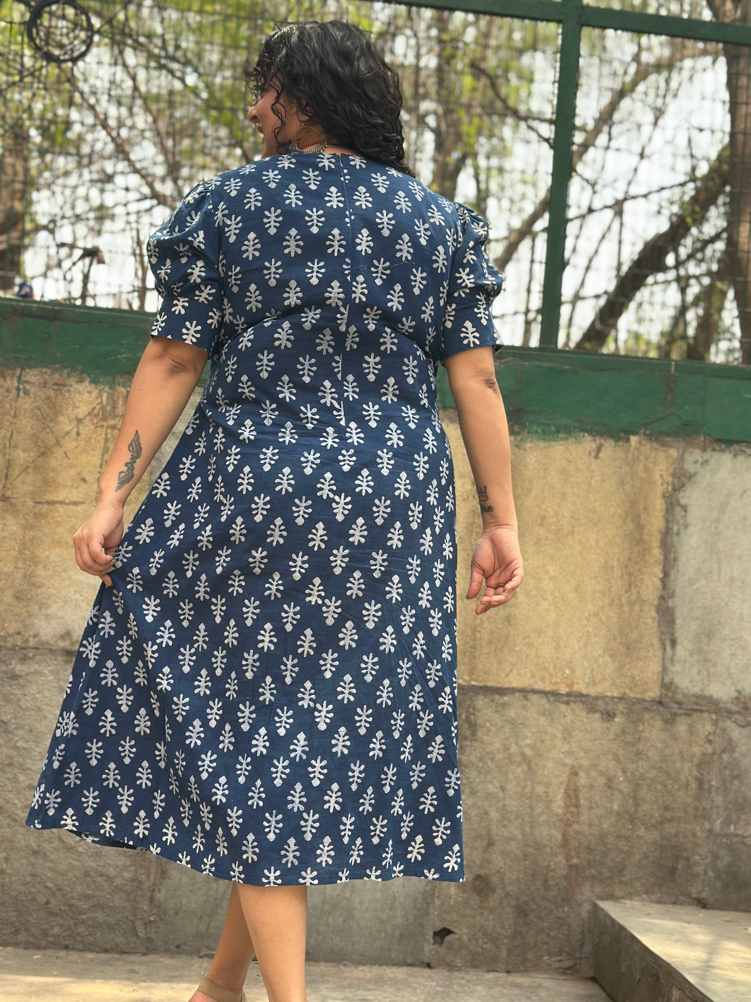 Indigo Dabu Booti Handblock print A-lin cotton dress with Pink stitch work
