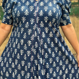 Indigo Dabu Booti Handblock print A-lin cotton dress with Pink stitch work