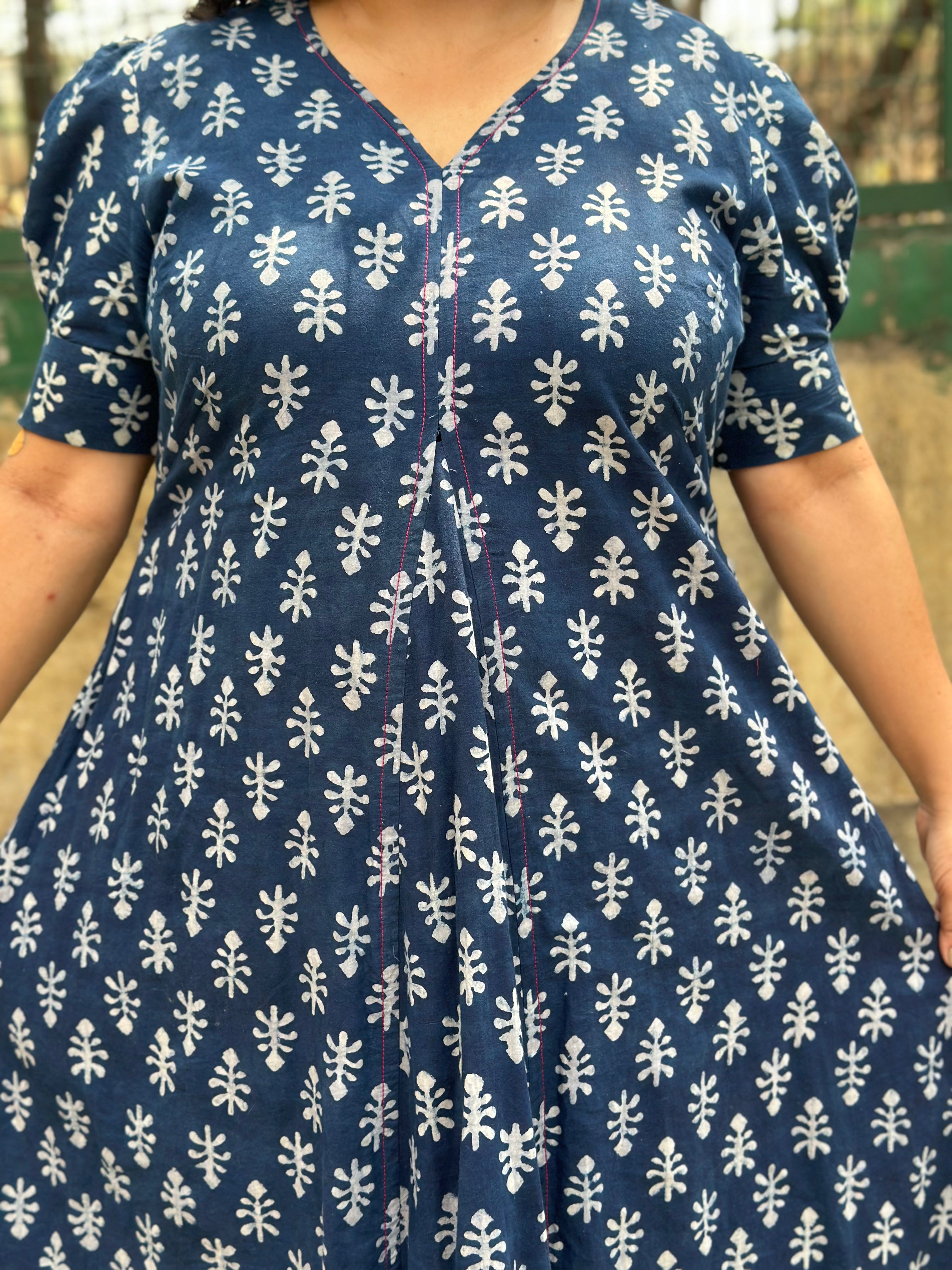 Indigo Dabu Booti Handblock print A-lin cotton dress with Pink stitch work