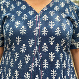 Indigo Dabu Booti Handblock print A-lin cotton dress with Pink stitch work