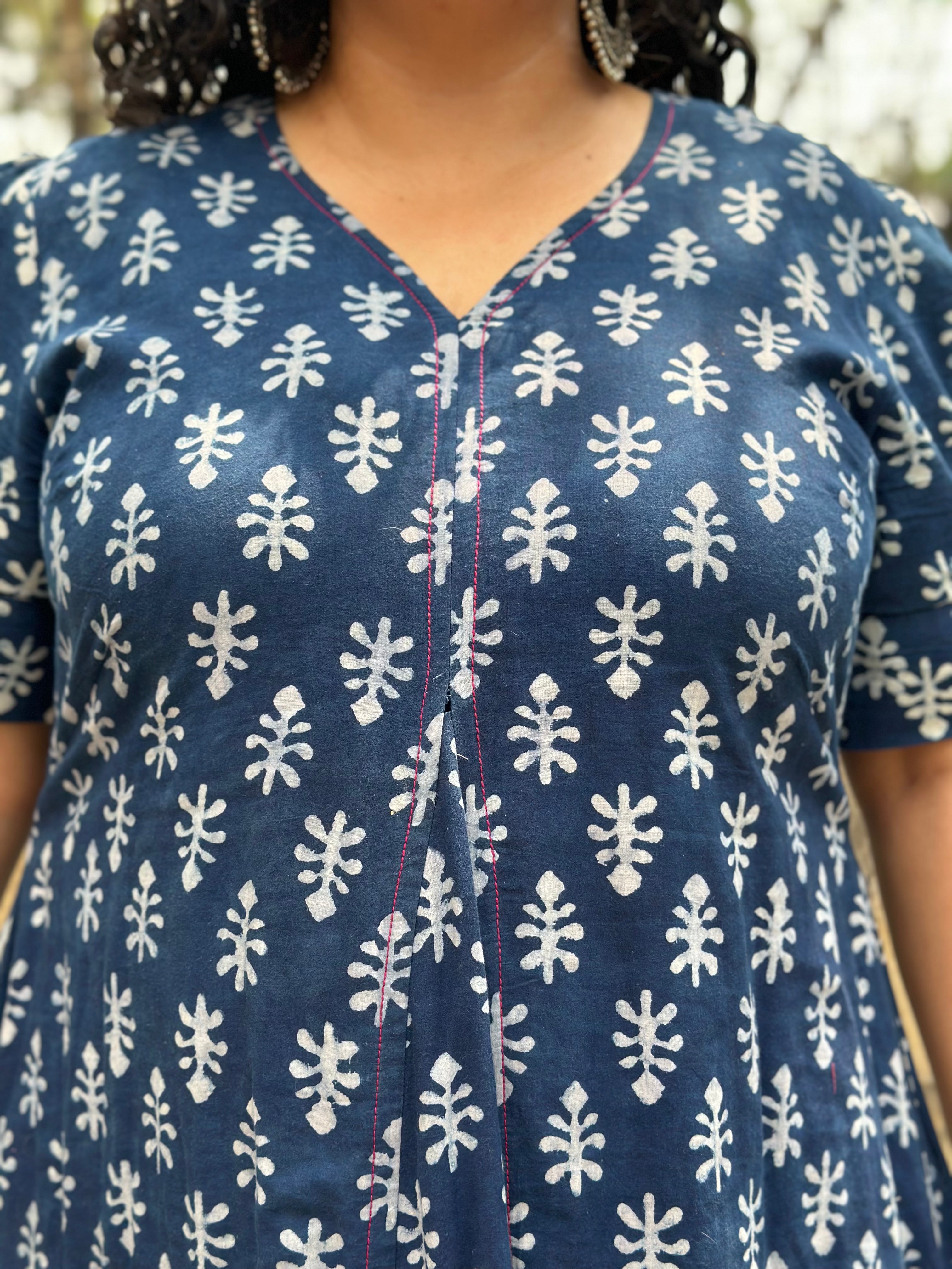 Indigo Dabu Booti Handblock print A-lin cotton dress with Pink stitch work