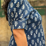 Indigo Dabu Booti Handblock print A-lin cotton dress with Pink stitch work