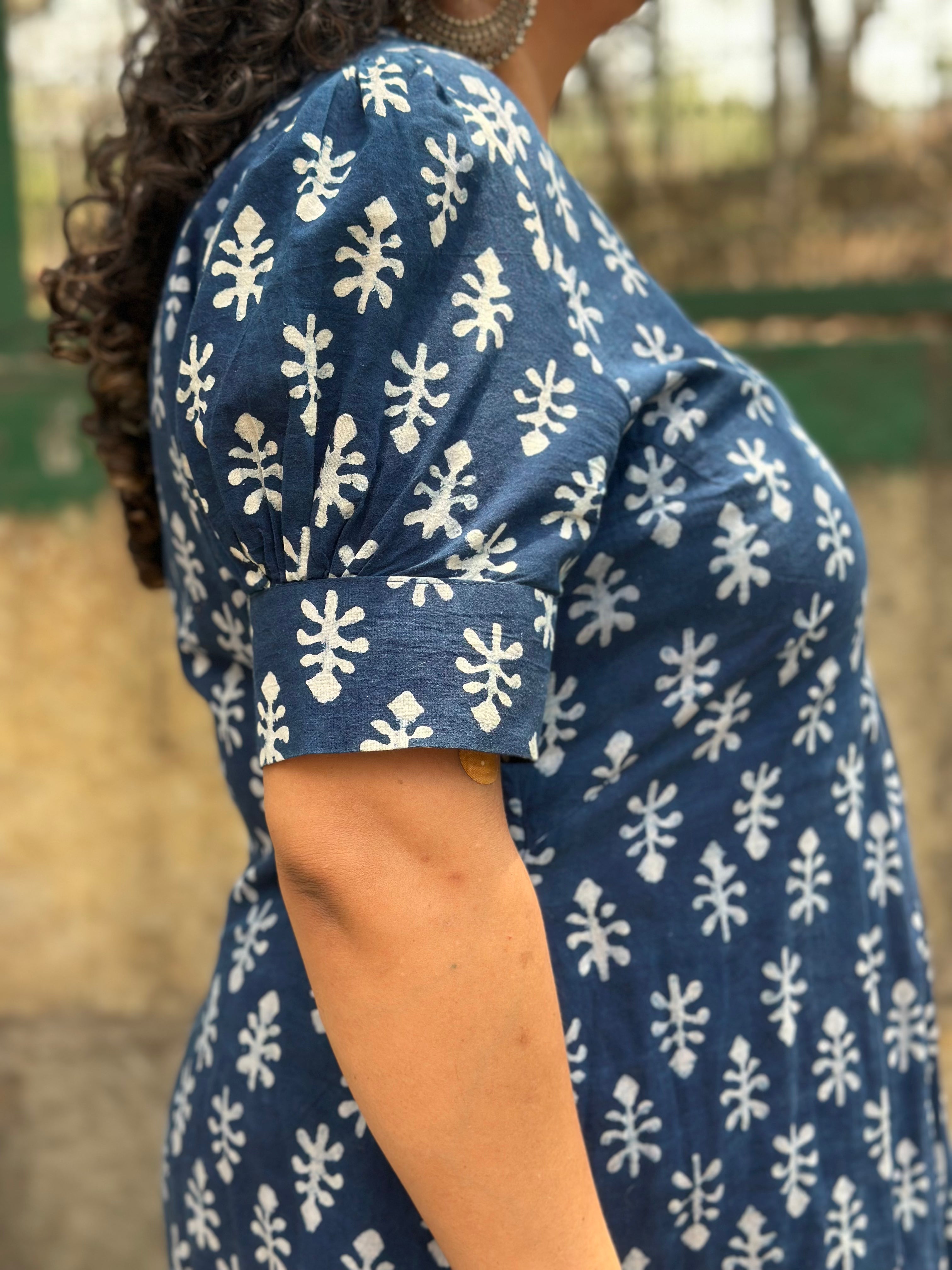 Indigo Dabu Booti Handblock print A-lin cotton dress with Pink stitch work