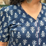 Indigo Dabu Booti Handblock print A-lin cotton dress with Pink stitch work