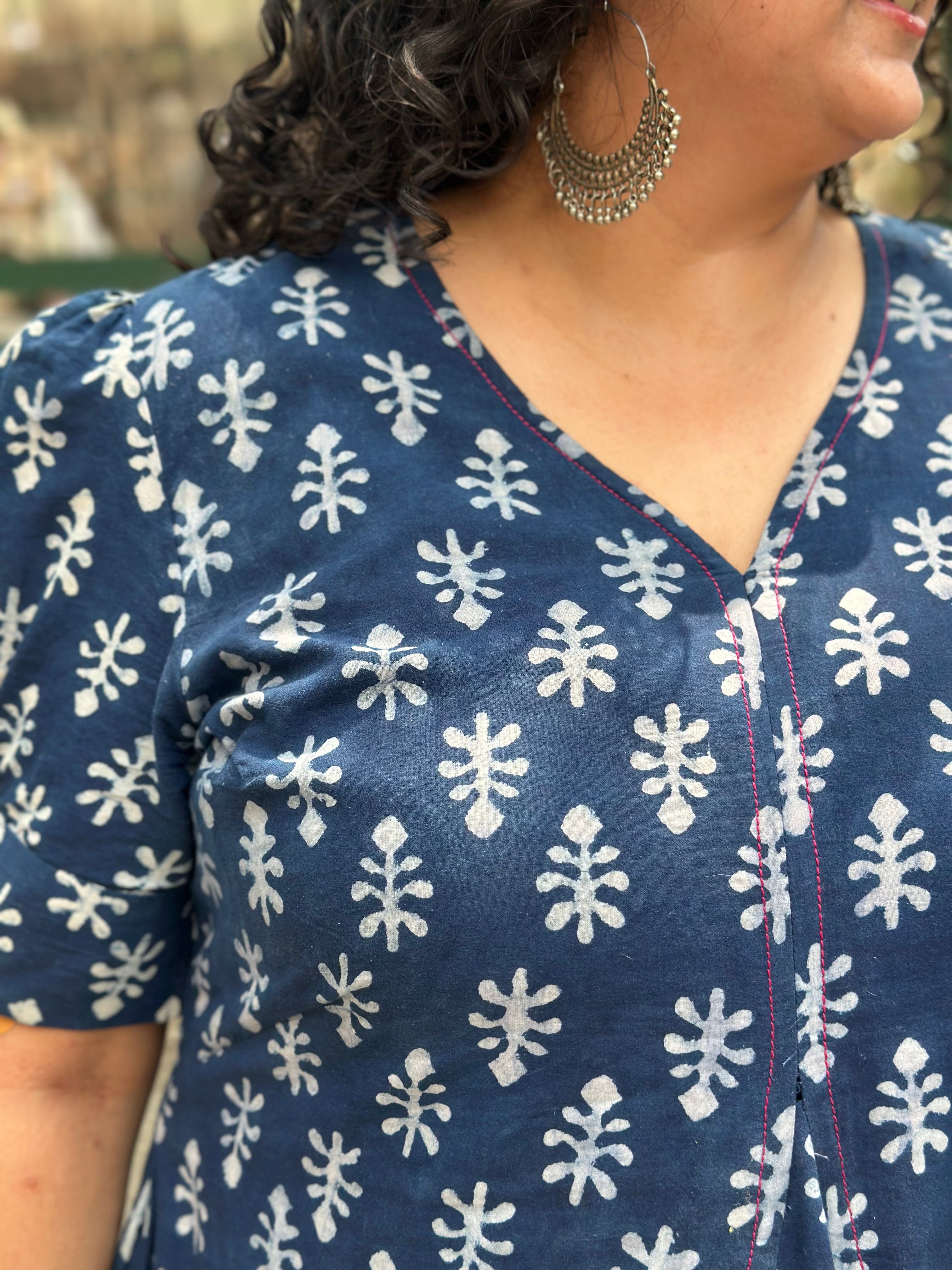 Indigo Dabu Booti Handblock print A-lin cotton dress with Pink stitch work