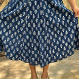 Indigo Dabu Booti Handblock print A-lin cotton dress with Pink stitch work