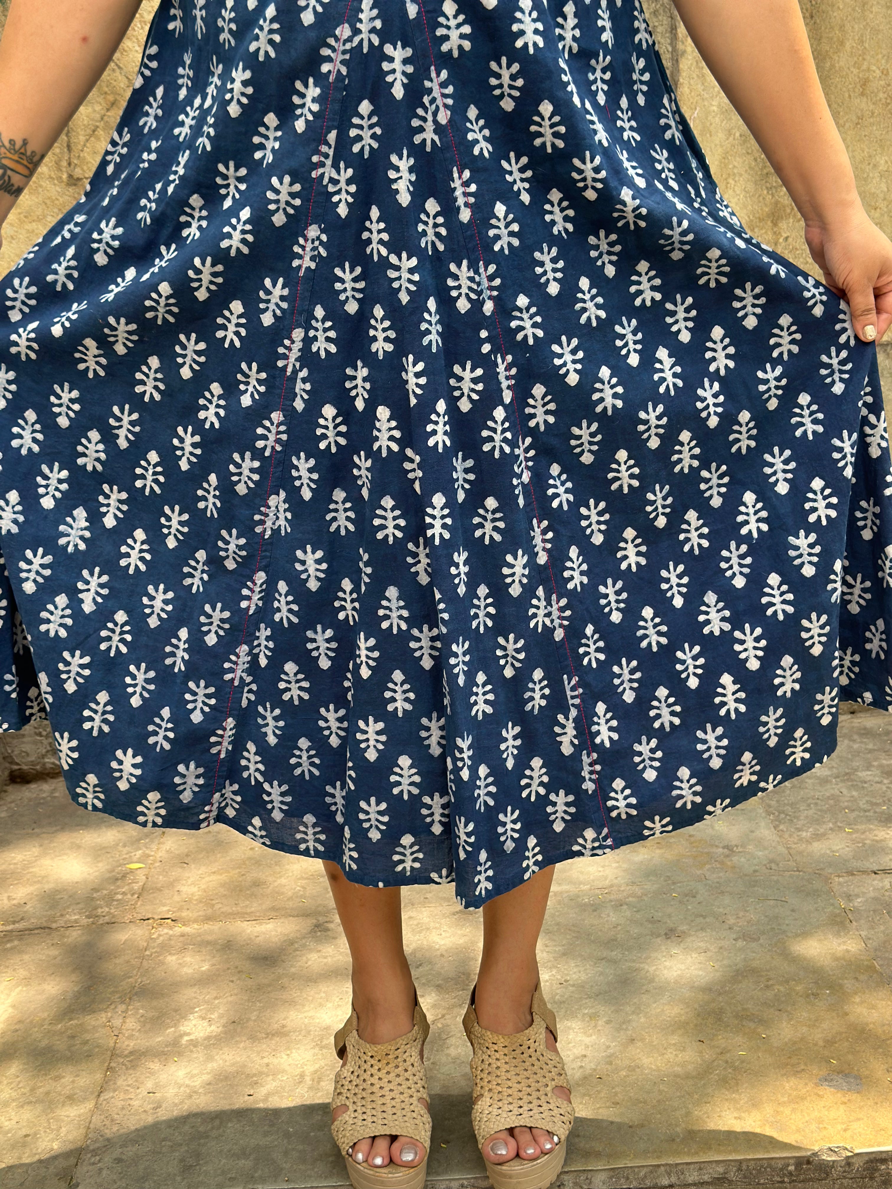 Indigo Dabu Booti Handblock print A-lin cotton dress with Pink stitch work