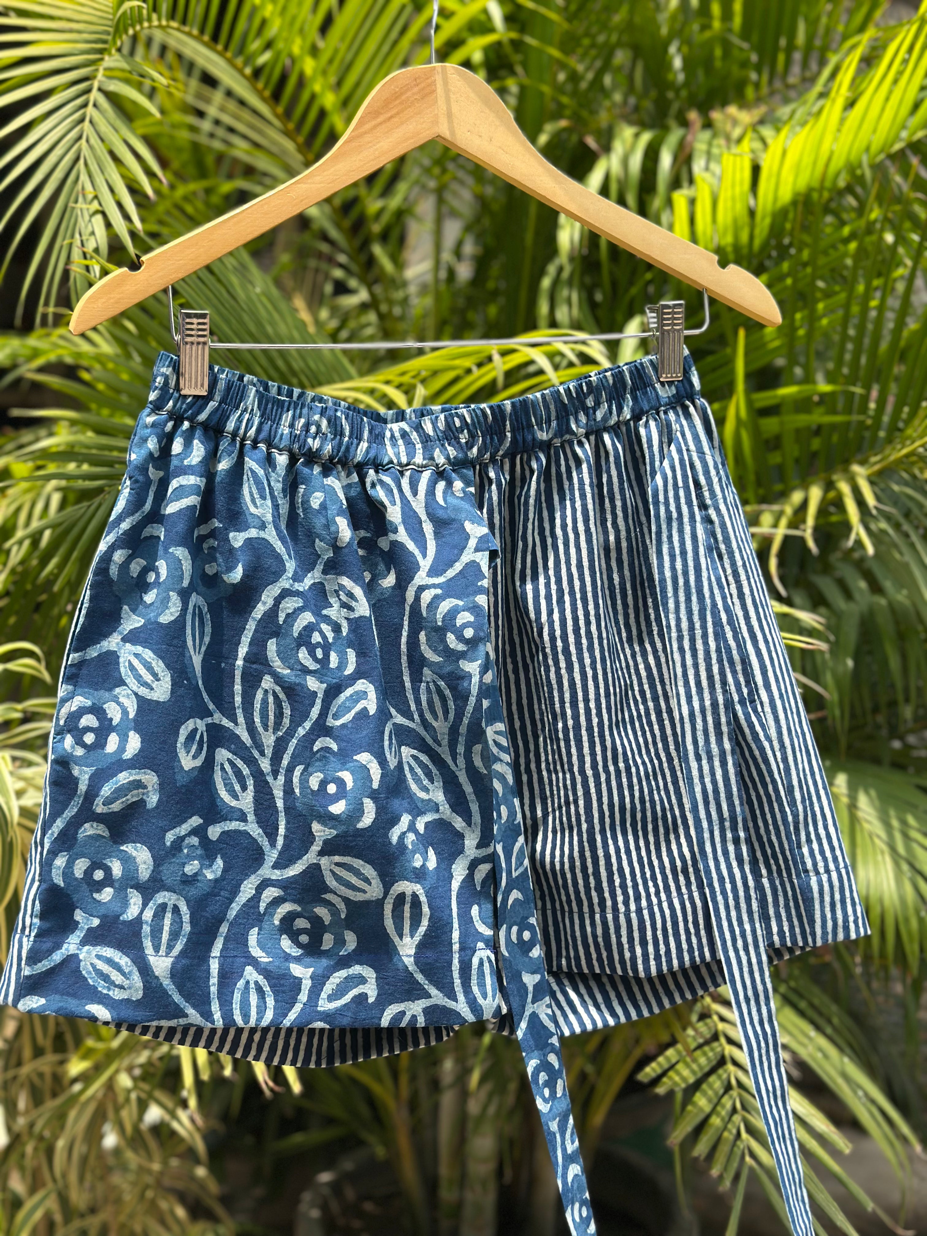 Indigo Dabu Paisley Overlap Cotton Shorts
