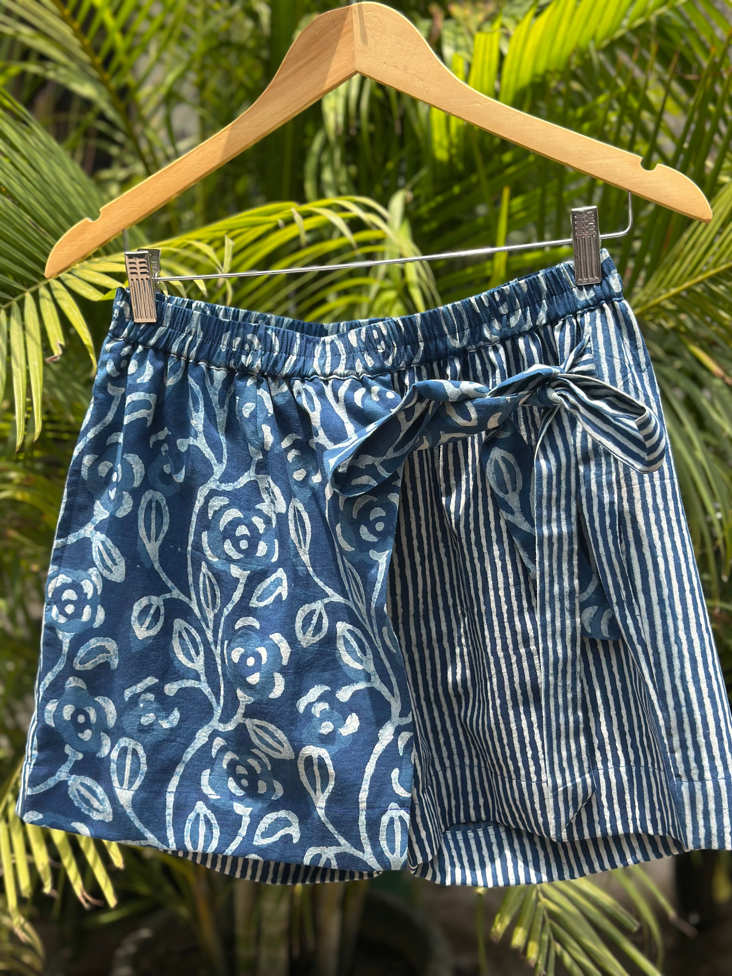 Indigo Dabu Paisley Overlap Cotton Shorts