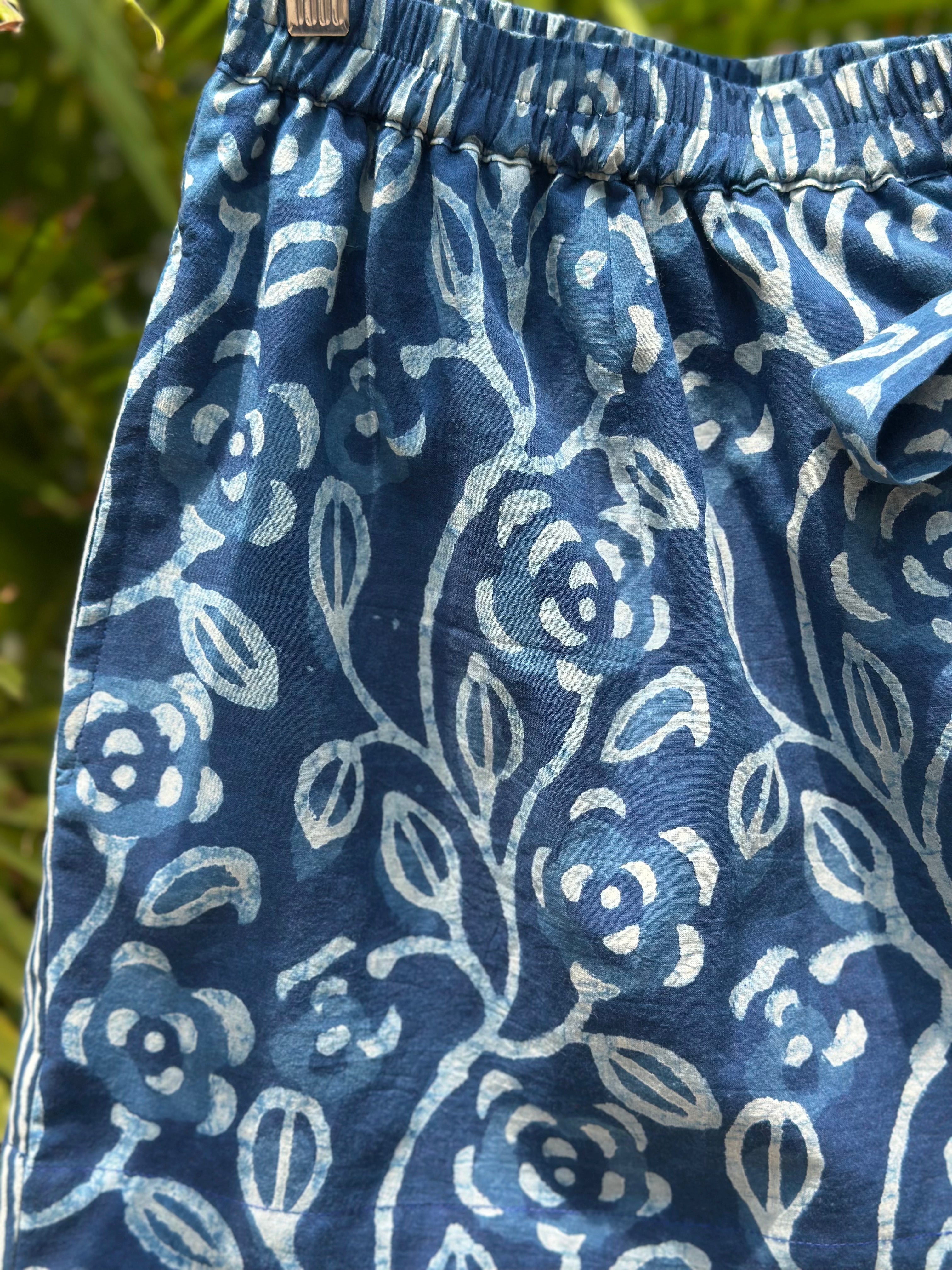 Indigo Dabu Paisley Overlap Cotton Shorts