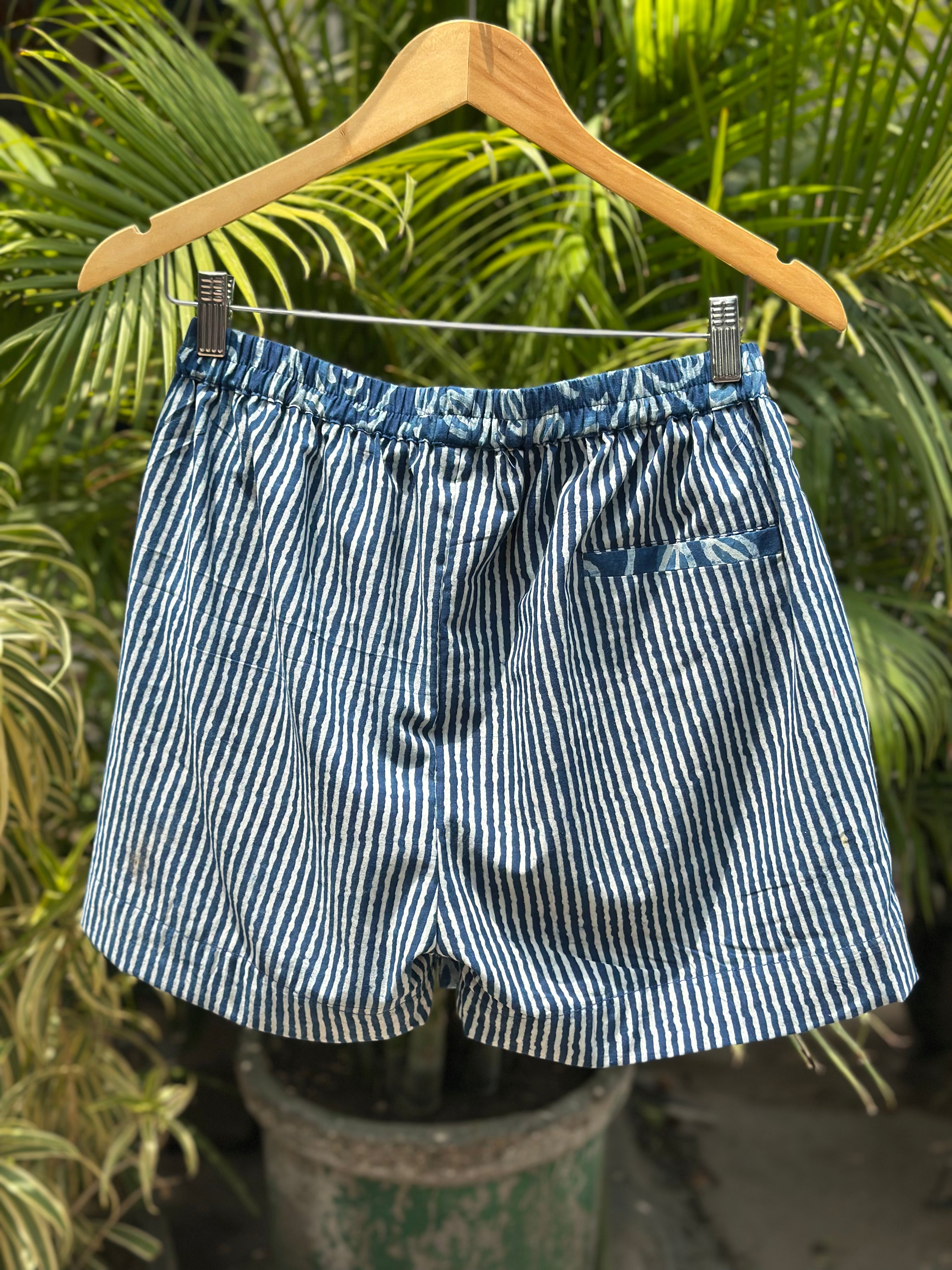 Indigo Dabu Paisley Overlap Cotton Shorts