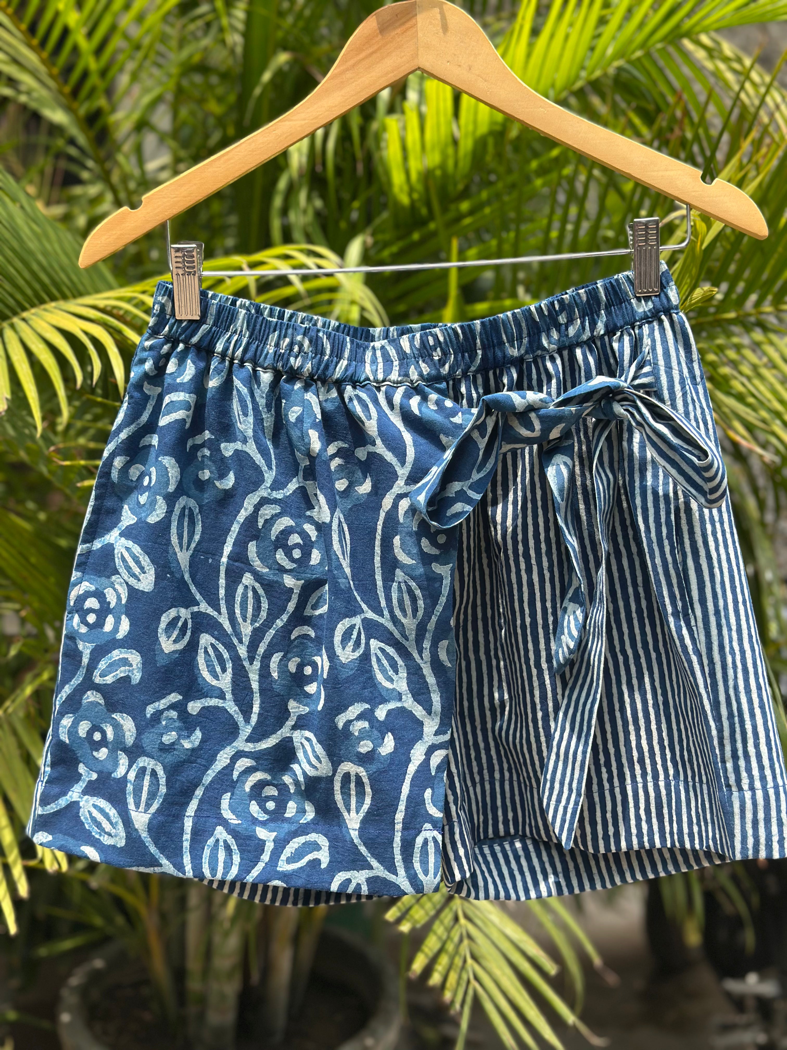 Indigo Dabu Paisley Overlap Cotton Shorts