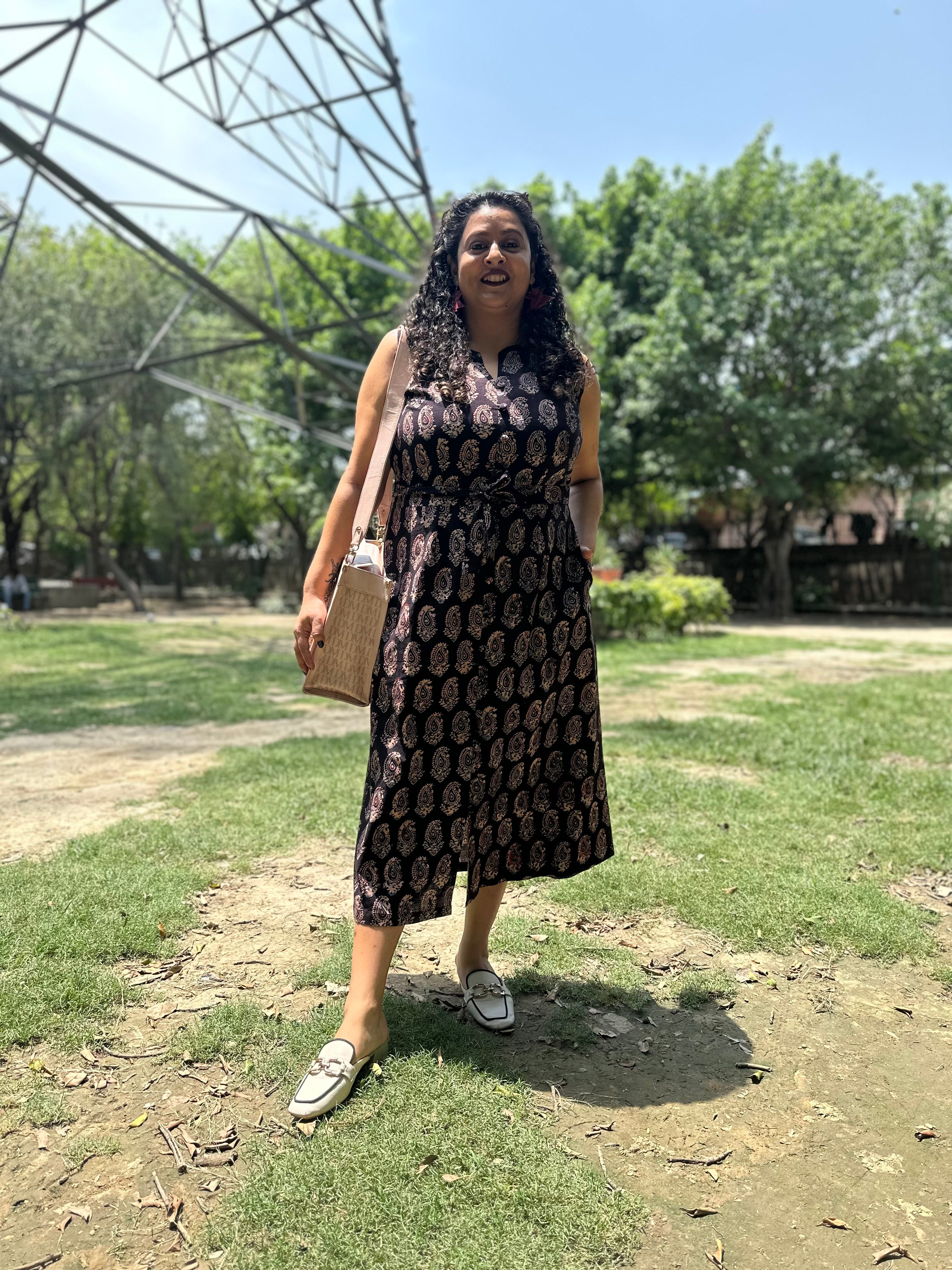 Brown Ajrakh Paisley Handblock Print sleeveless cotton dress