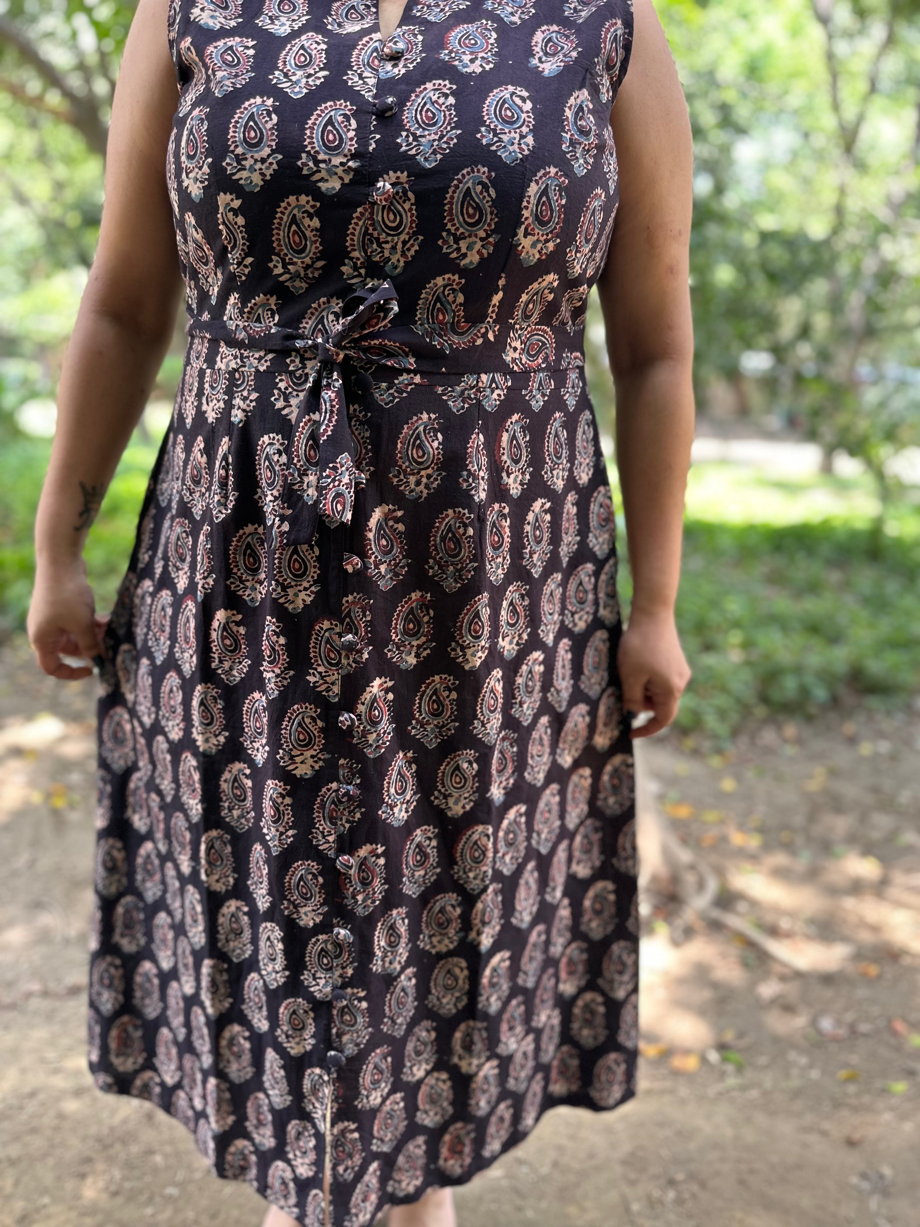 Brown Ajrakh Paisley Handblock Print sleeveless cotton dress