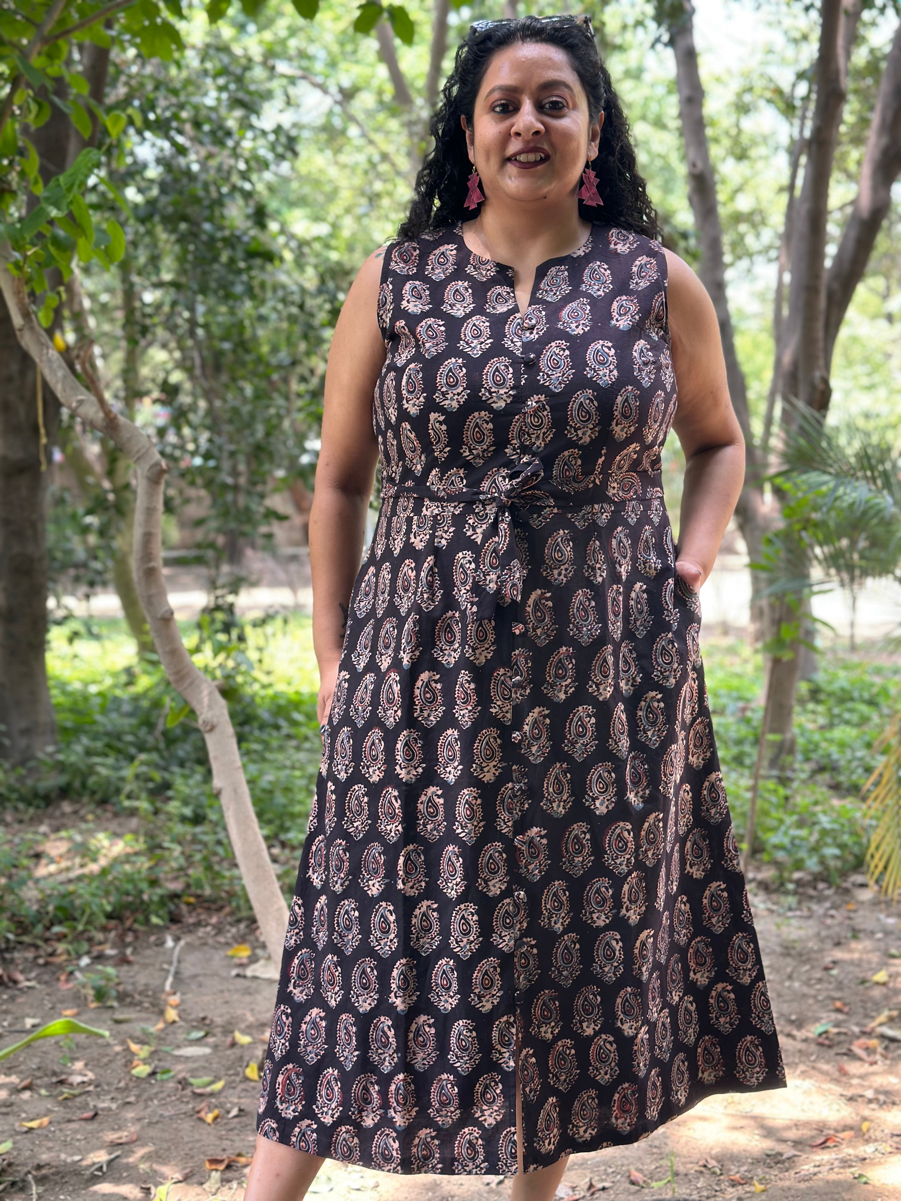 Brown Ajrakh Paisley Handblock Print sleeveless cotton dress