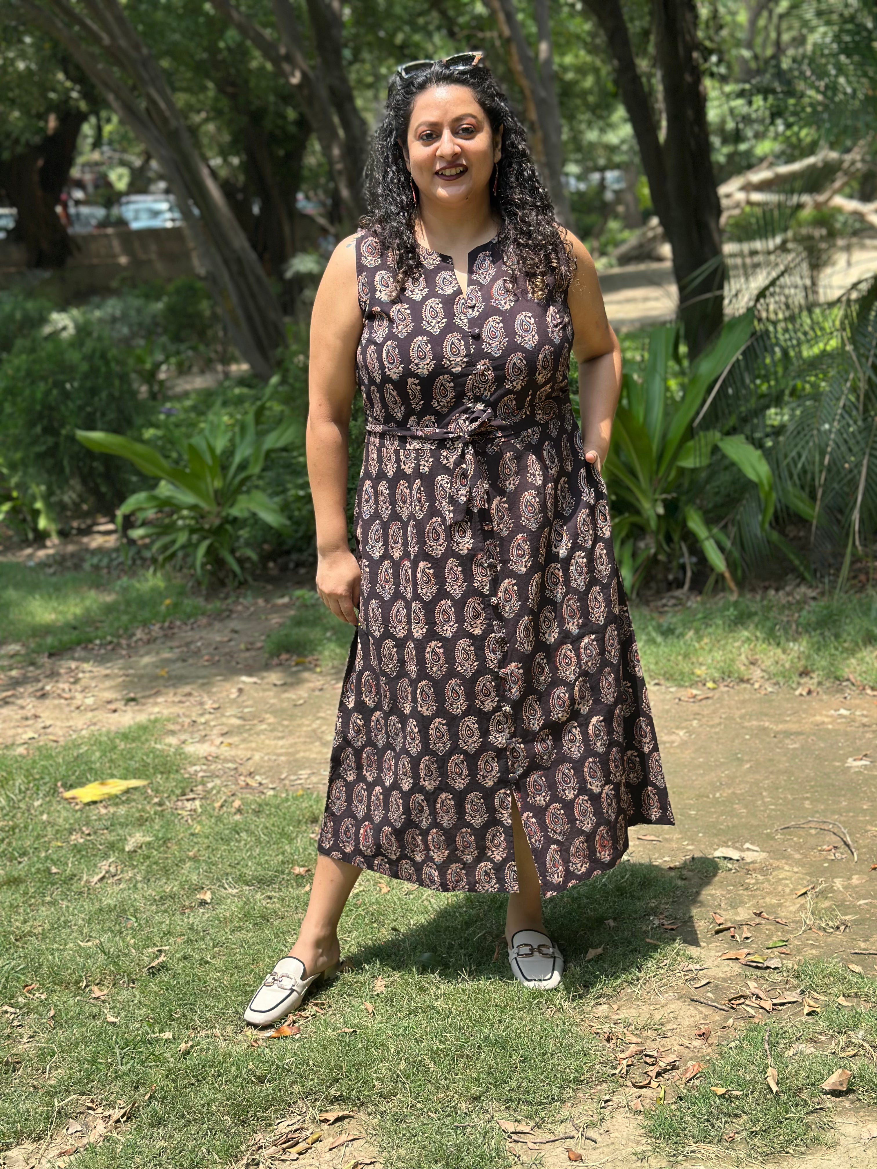 Brown Ajrakh Paisley Handblock Print sleeveless cotton dress
