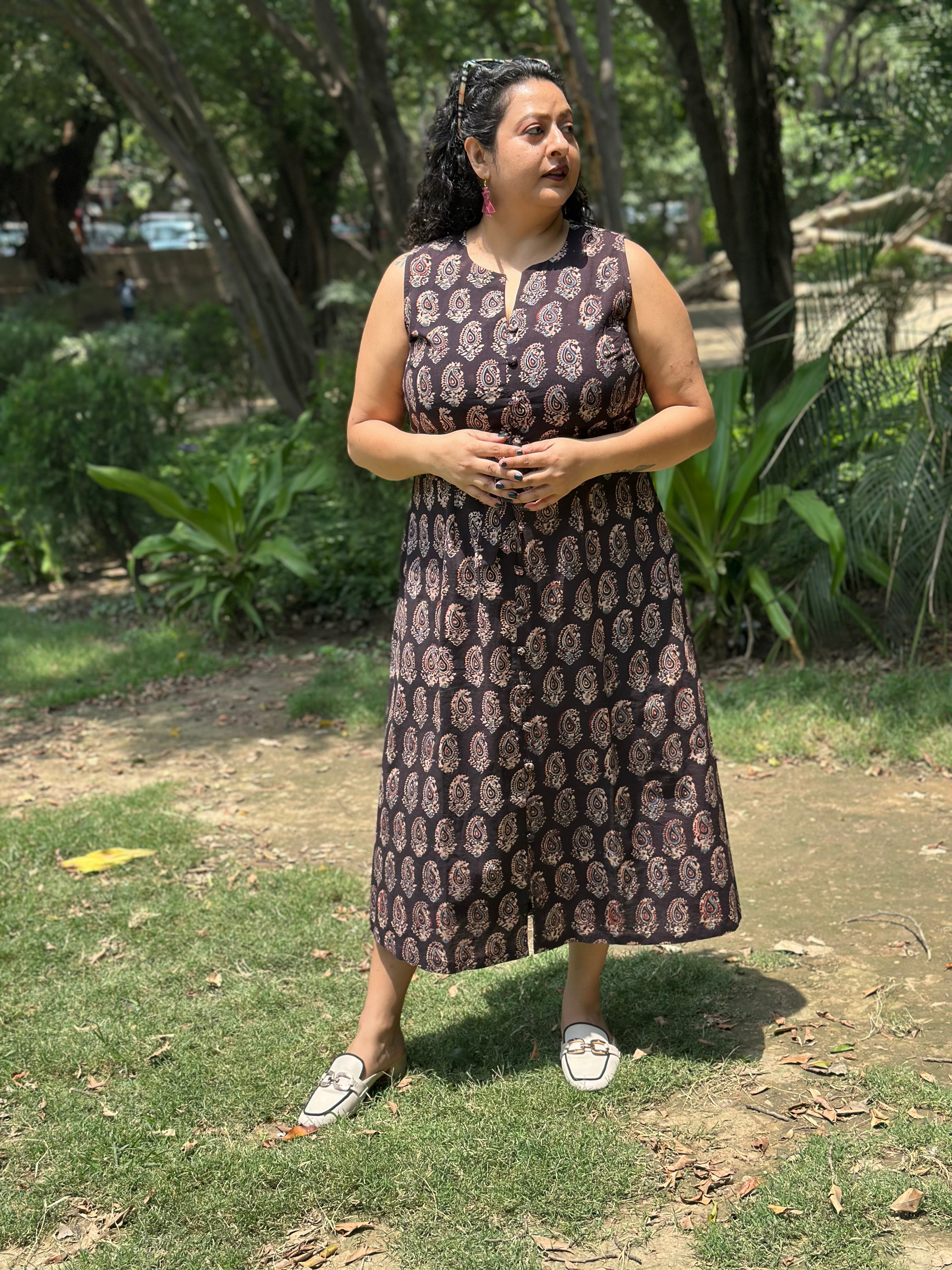 Brown Ajrakh Paisley Handblock Print sleeveless cotton dress