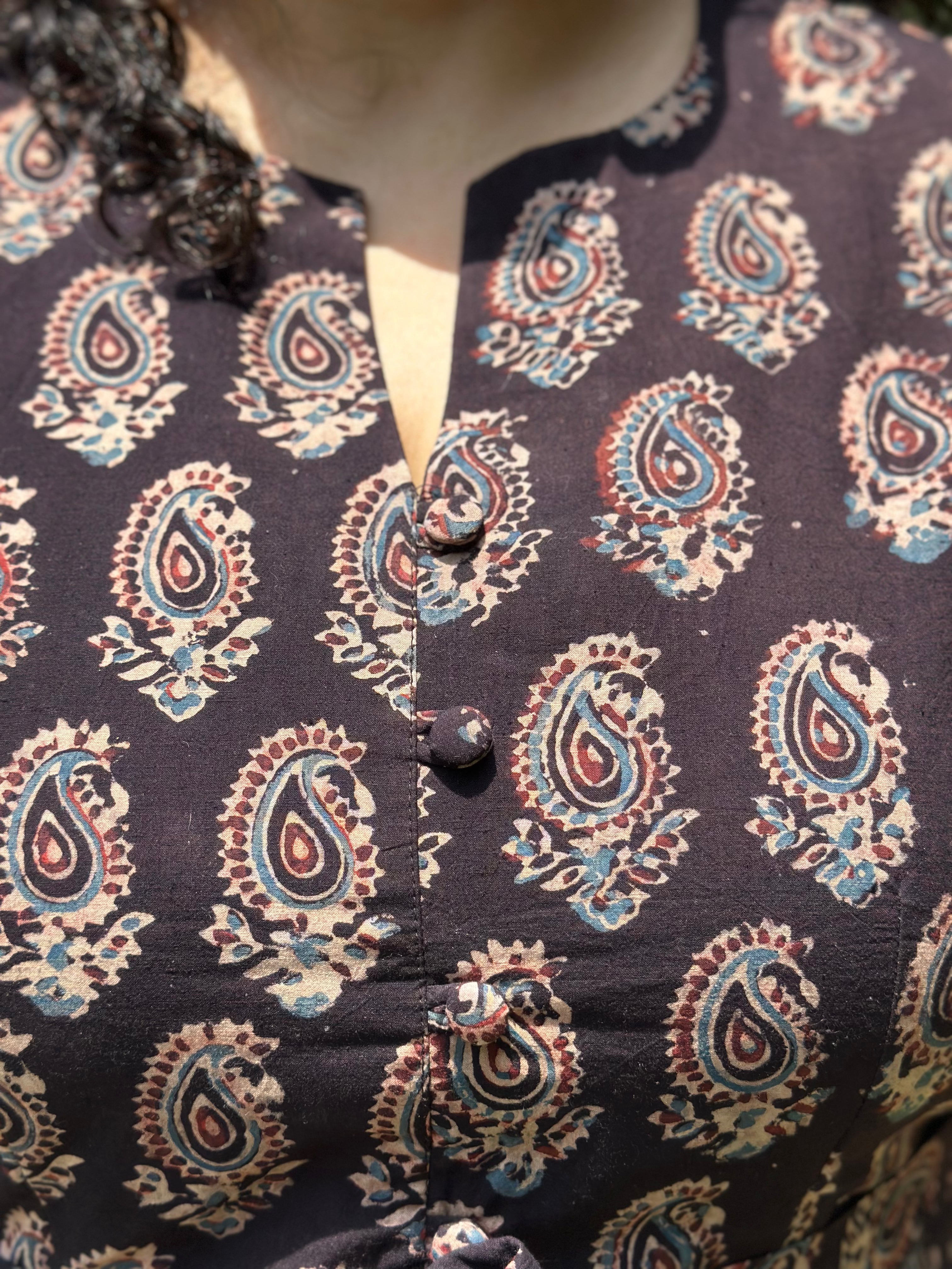 Brown Ajrakh Paisley Handblock Print sleeveless cotton dress