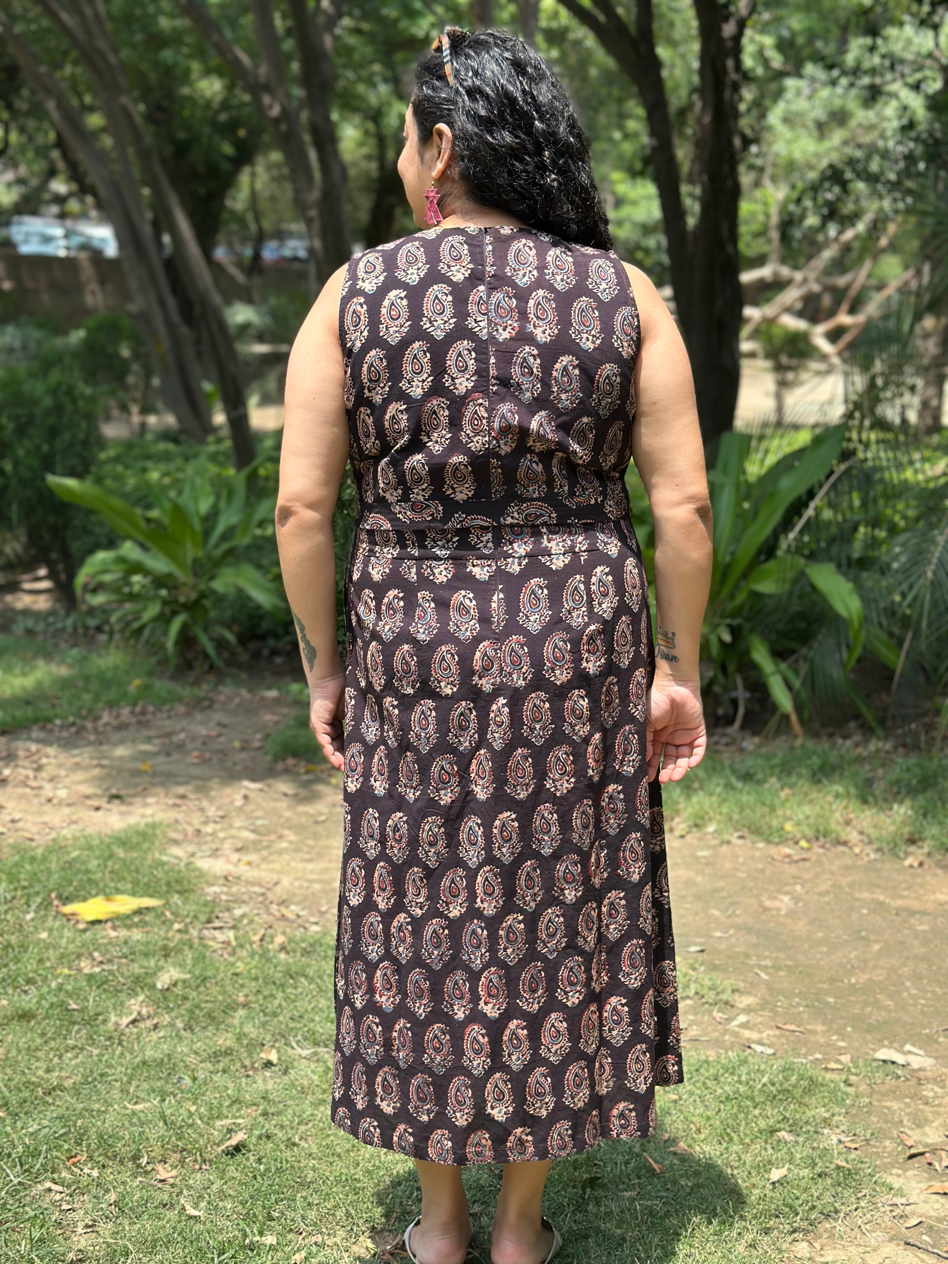 Brown Ajrakh Paisley Handblock Print sleeveless cotton dress