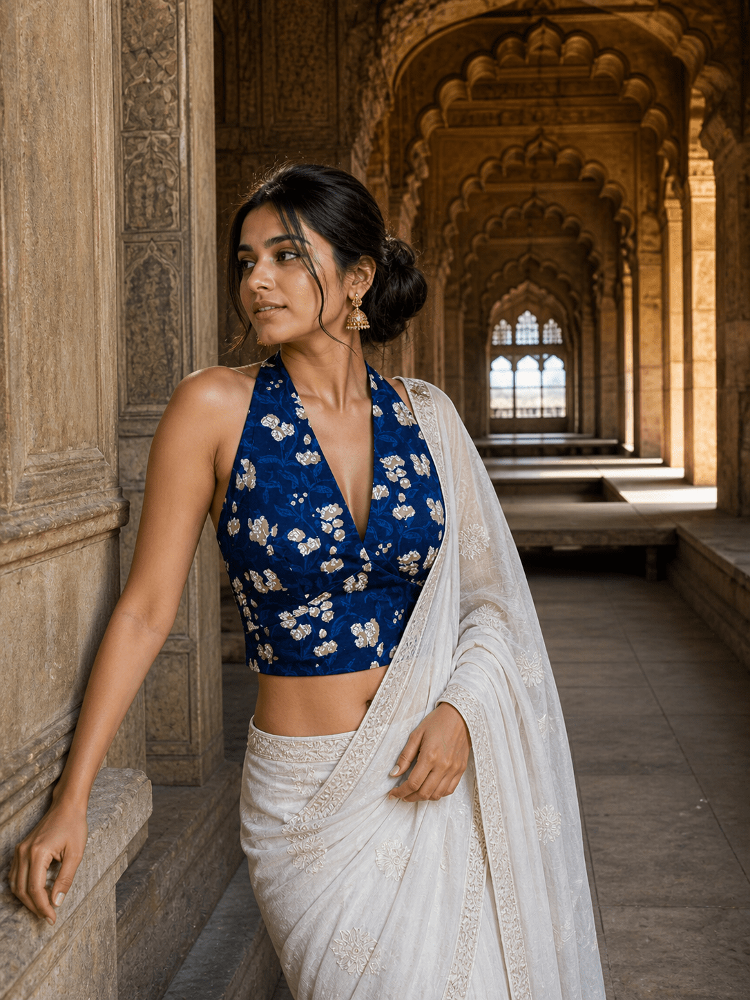 Midnight Mehfil- Dark blue bagru backless tie-up handblock print cotton crop top -Crop Top