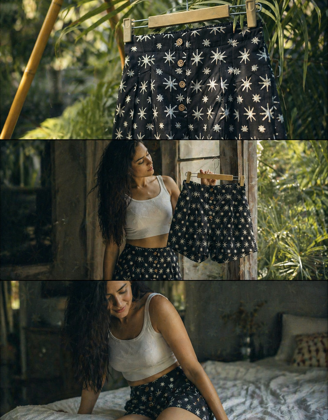 Midnight Star Burst - Bagru Handblock Cotton Shorts ( Charcoal Black)