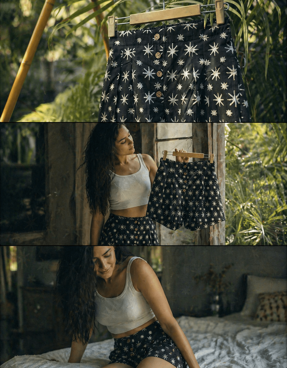 Midnight Star Burst - Bagru Handblock Cotton Shorts ( Charcoal Black) -Shorts