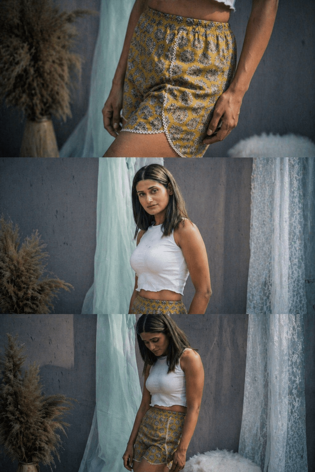 Mustard Bagru Shorts with Lace -Shorts