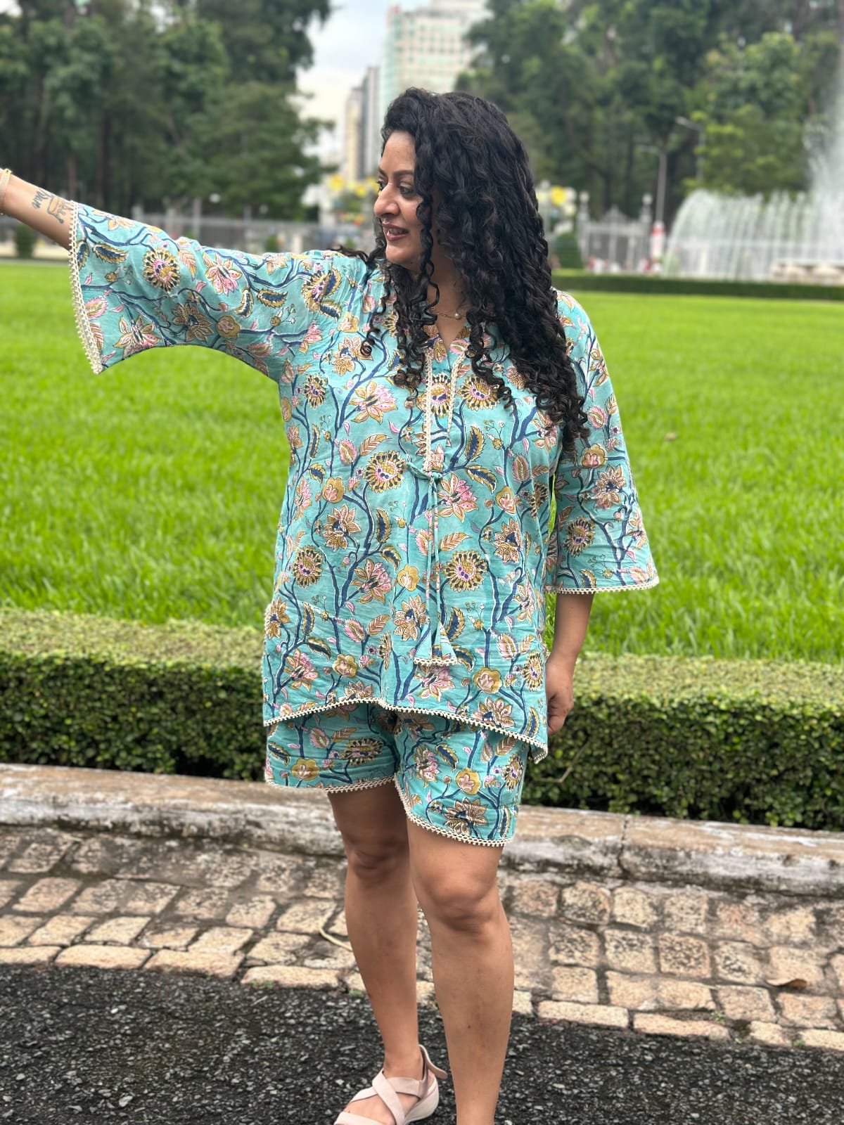Tropical Bloom Set: Blue Sanganeri Handblock Print Cord Set -co-ord set