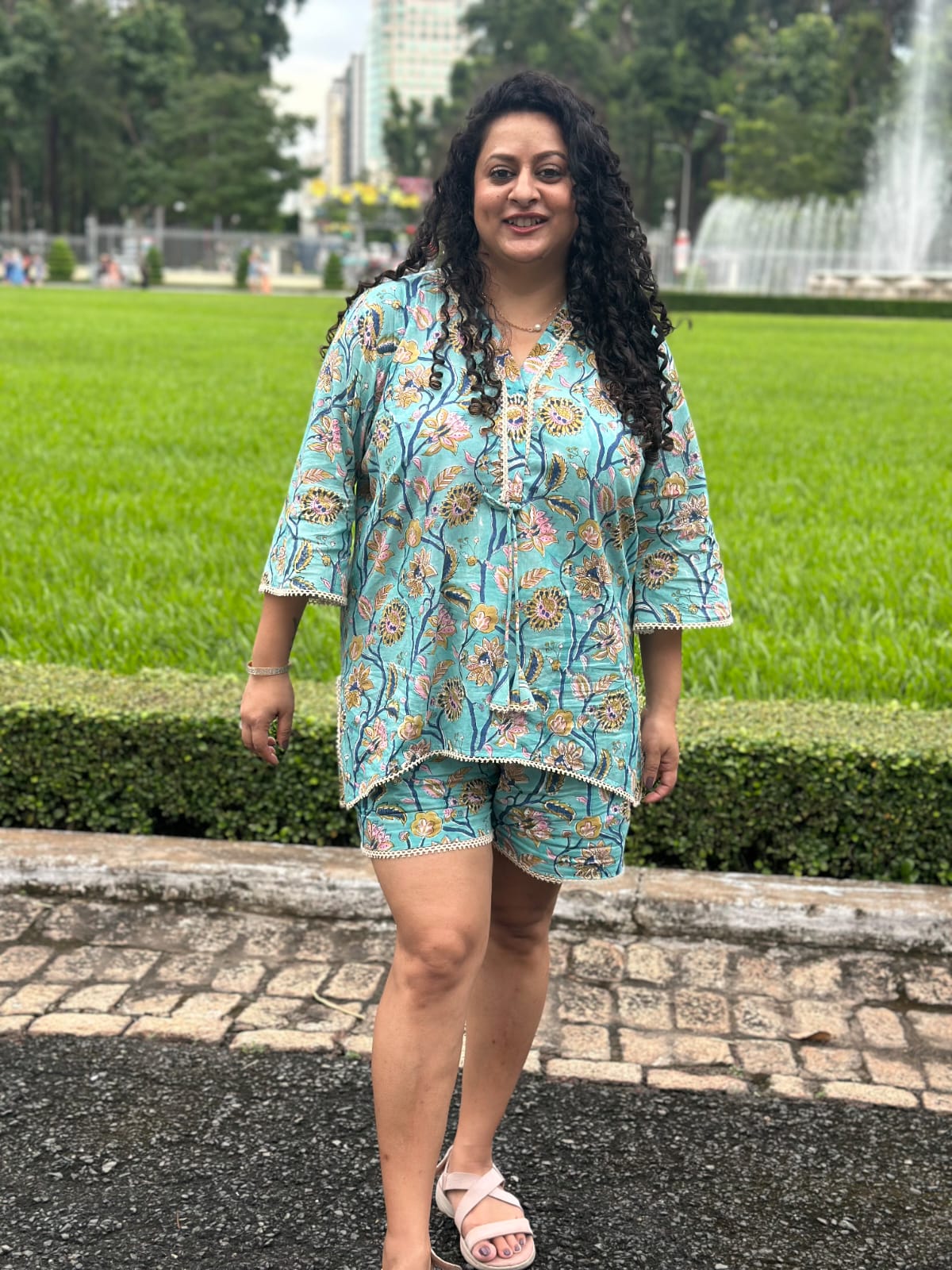 Tropical Bloom Set: Blue Sanganeri Handblock Print Cord Set -co-ord set