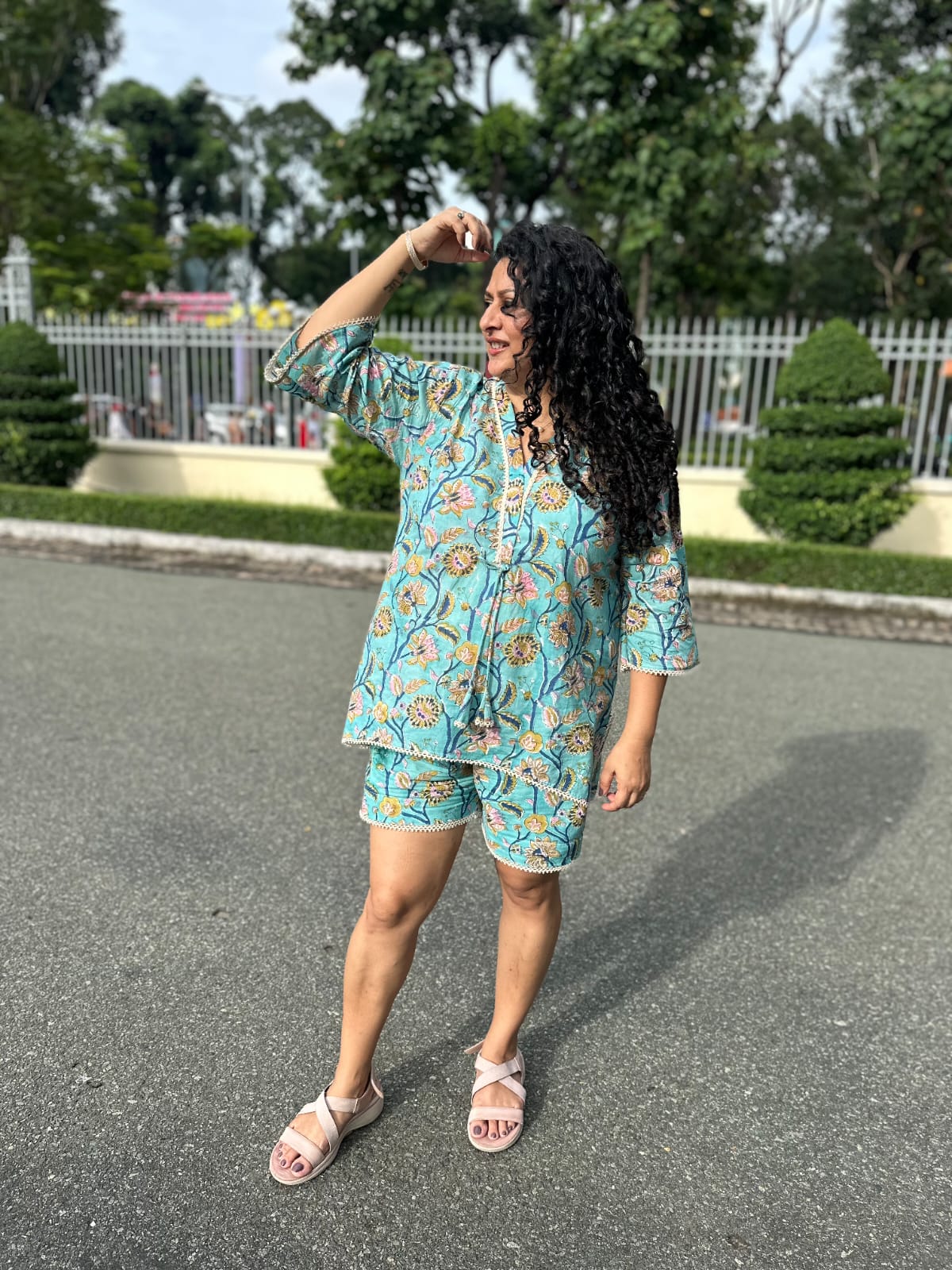 Tropical Bloom Set: Blue Sanganeri Handblock Print Cord Set -co-ord set