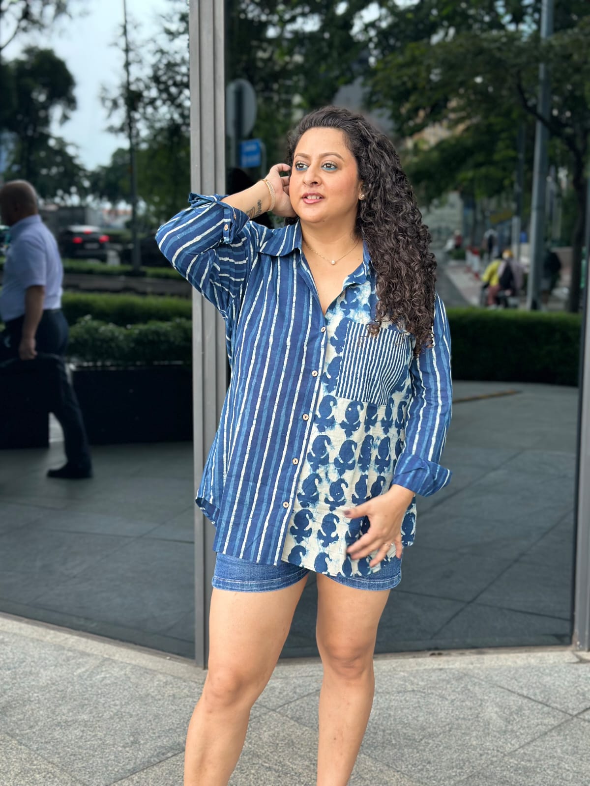 Boho Indigo Fusion:Indigo Dabu Three Handblock Printed Cotton Oversized Shirt