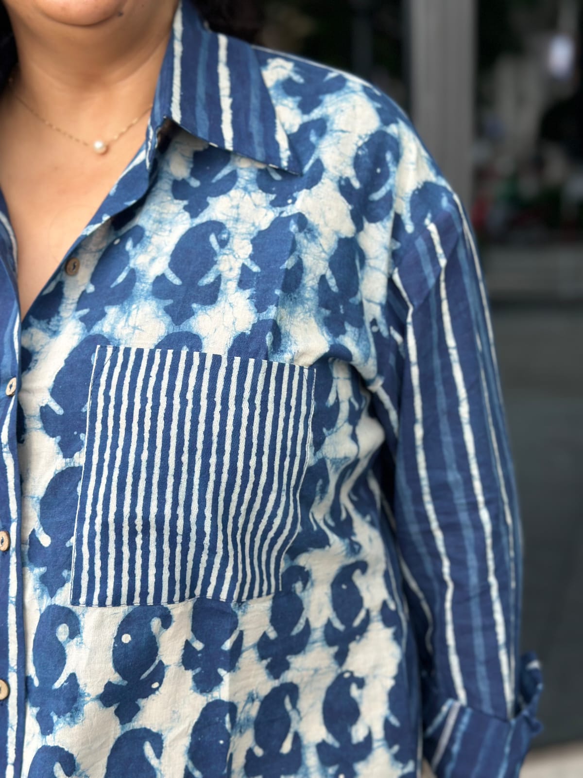 Boho Indigo Fusion:Indigo Dabu Three Handblock Printed Cotton Oversized Shirt -Shirt