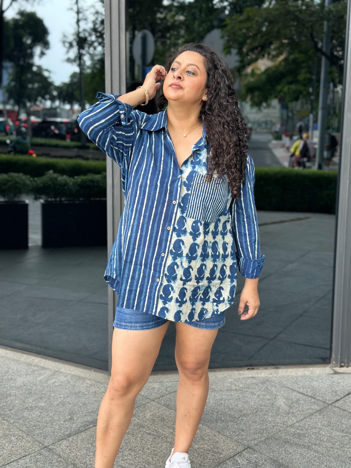 Boho Indigo Fusion:Indigo Dabu Three Handblock Printed Cotton Oversized Shirt