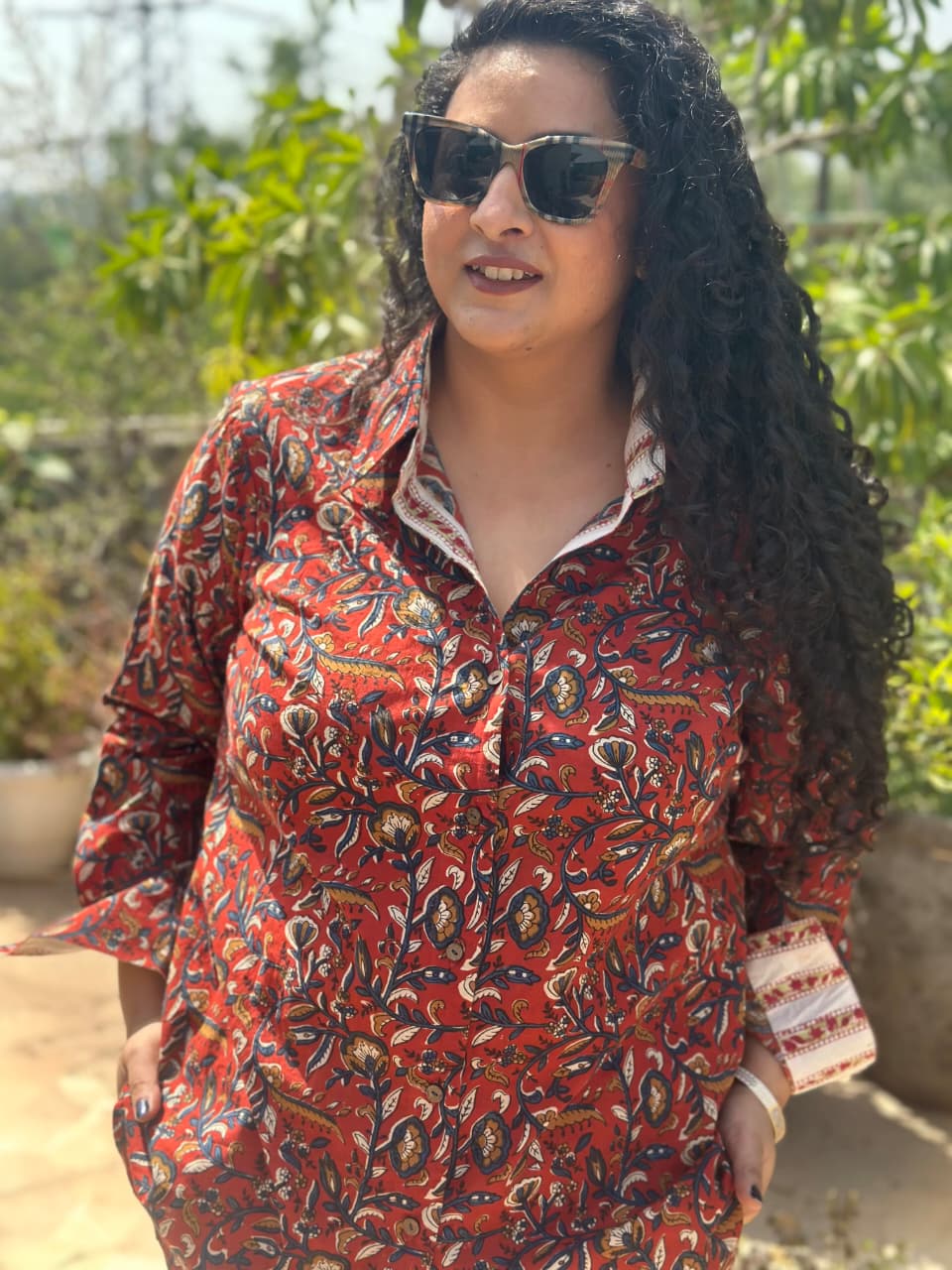 Gulnaar- Red Bagru handblock print cotton shirt