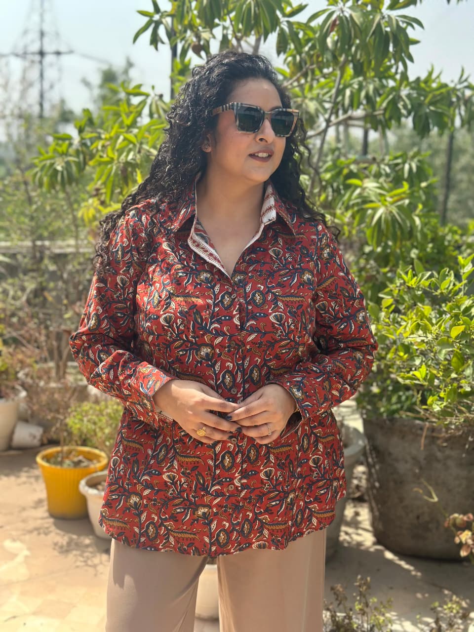 Gulnaar- Red Bagru handblock print cotton shirt