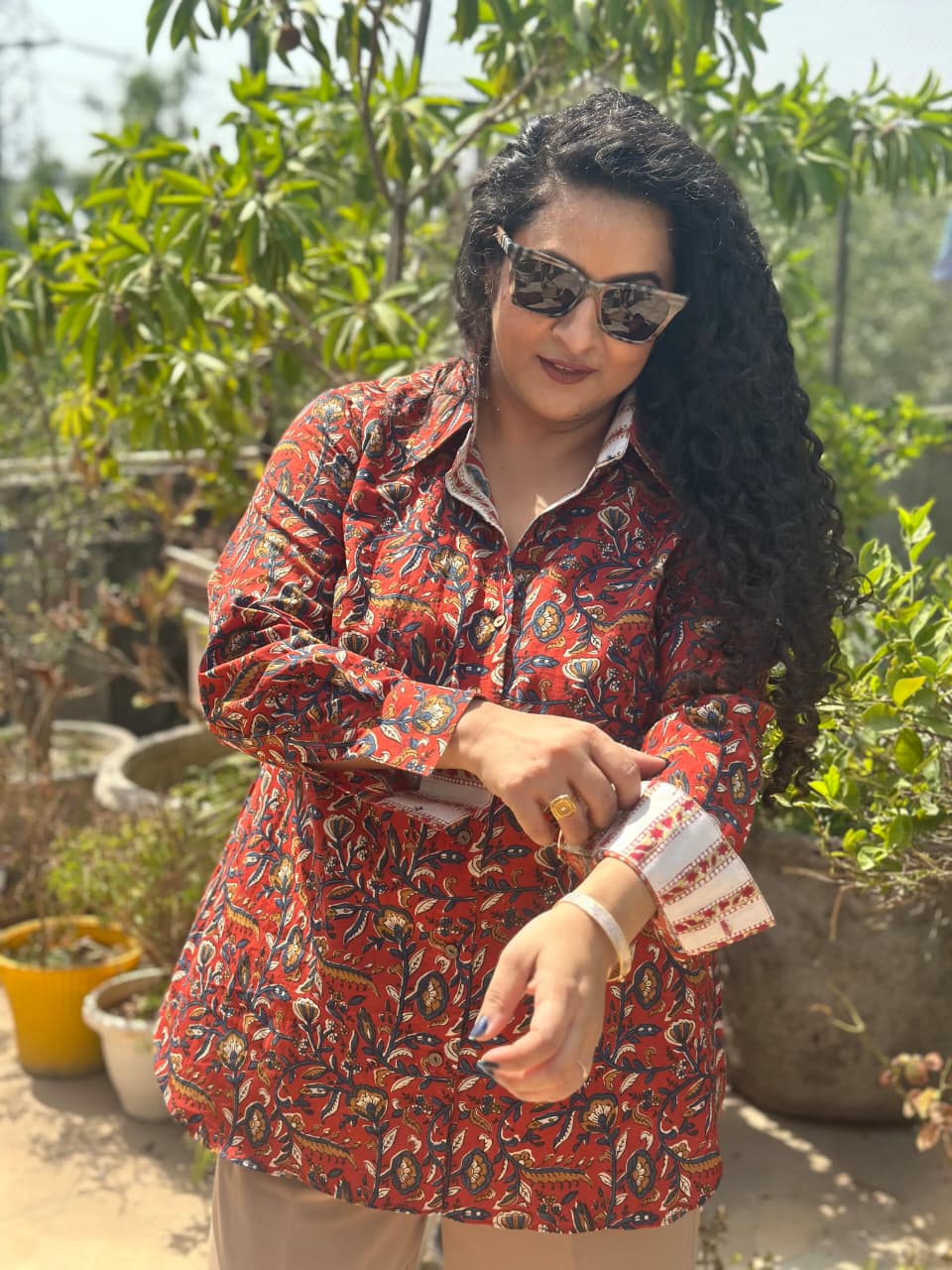 Gulnaar- Red Bagru handblock print cotton shirt -