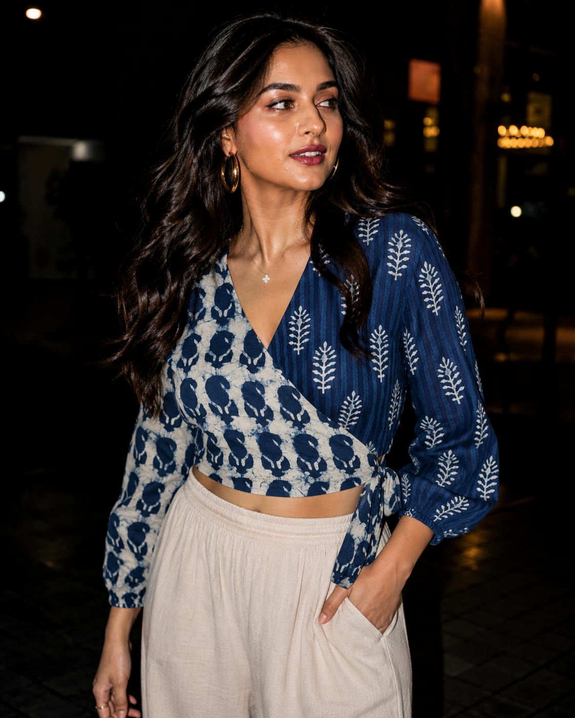 Indigo Dabu Paisley and Stripe Handblock Printed Wrap Top