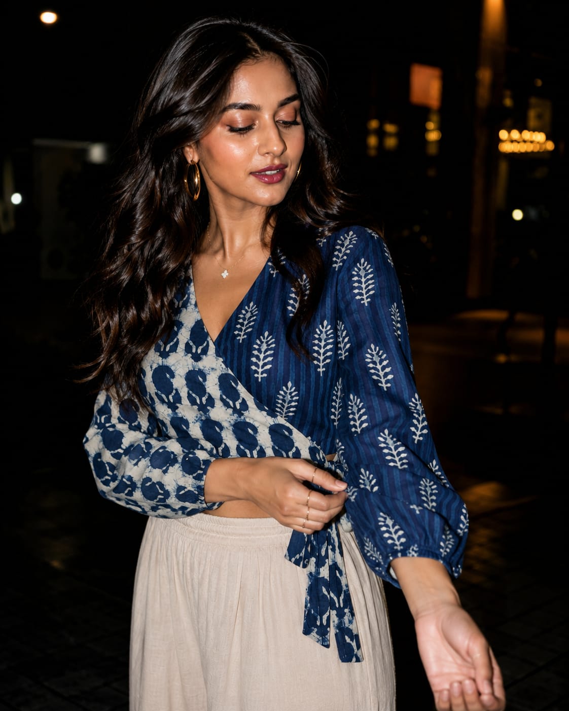 Indigo Dabu Paisley and Stripe Handblock Printed Wrap Top