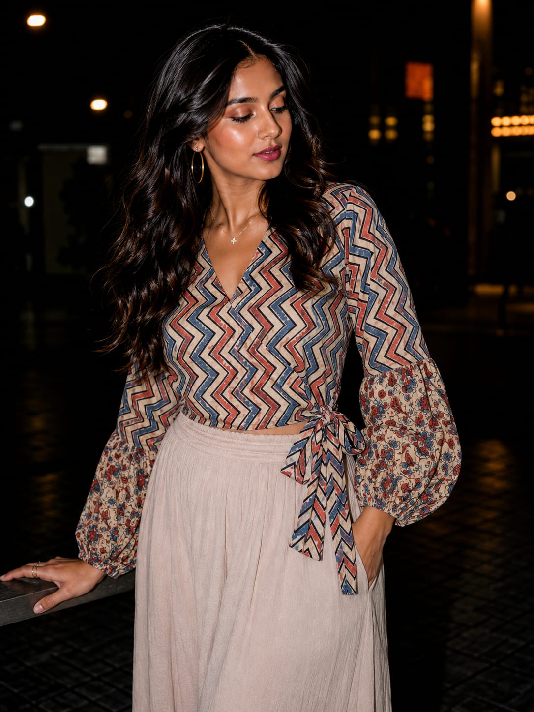 White ajrakh zig zag handblock printed wrap top with floral print sleeves