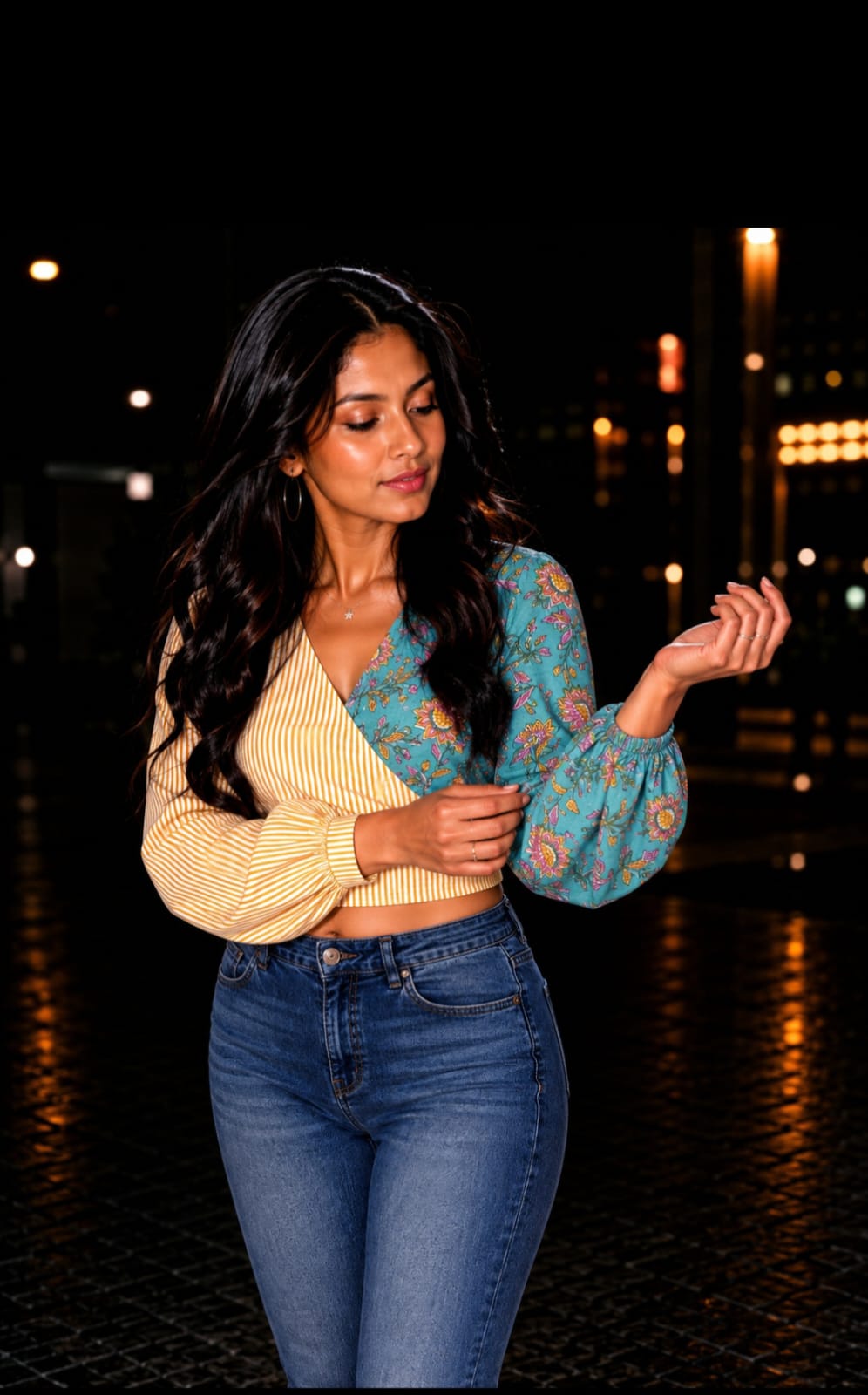 Yellow sanganeri handblock printed half & half wrap top -Crop Top
