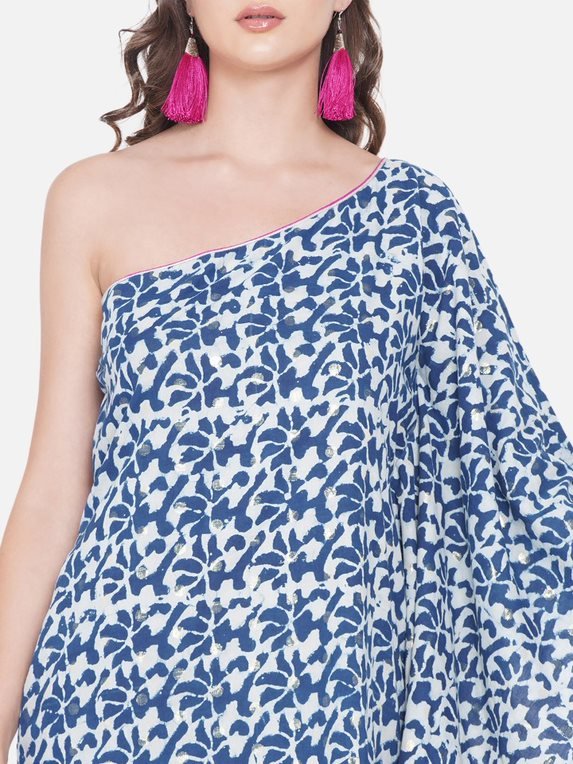 Indigo Handblock printed One Shoulder Kaftan Maxi Dress -Clothing