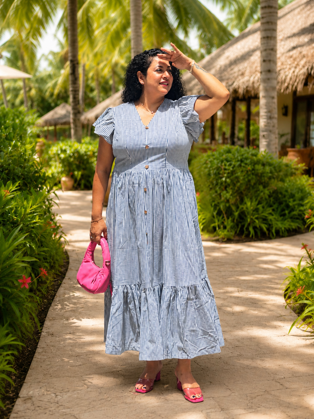 Ocean Stripe : Dabu Stripe Handblock Printed Cotton Maxi Dress