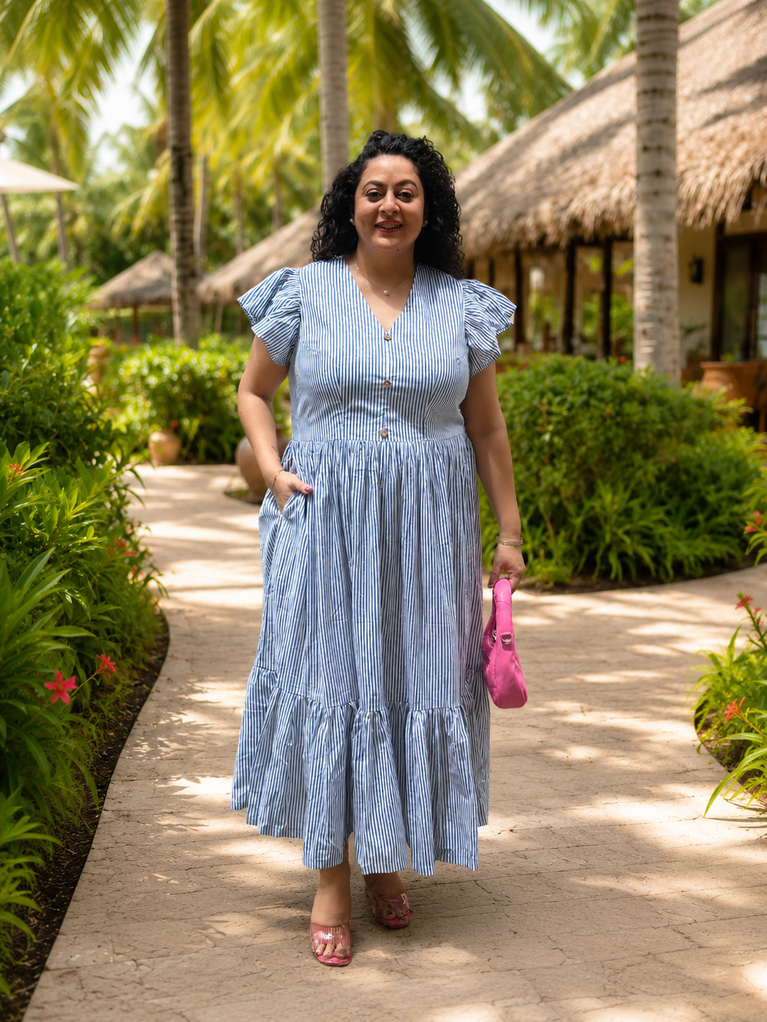 Ocean Stripe : Dabu Stripe Handblock Printed Cotton Maxi Dress