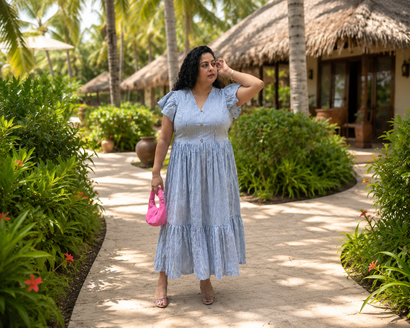 Ocean Stripe : Dabu Stripe Handblock Printed Cotton Maxi Dress