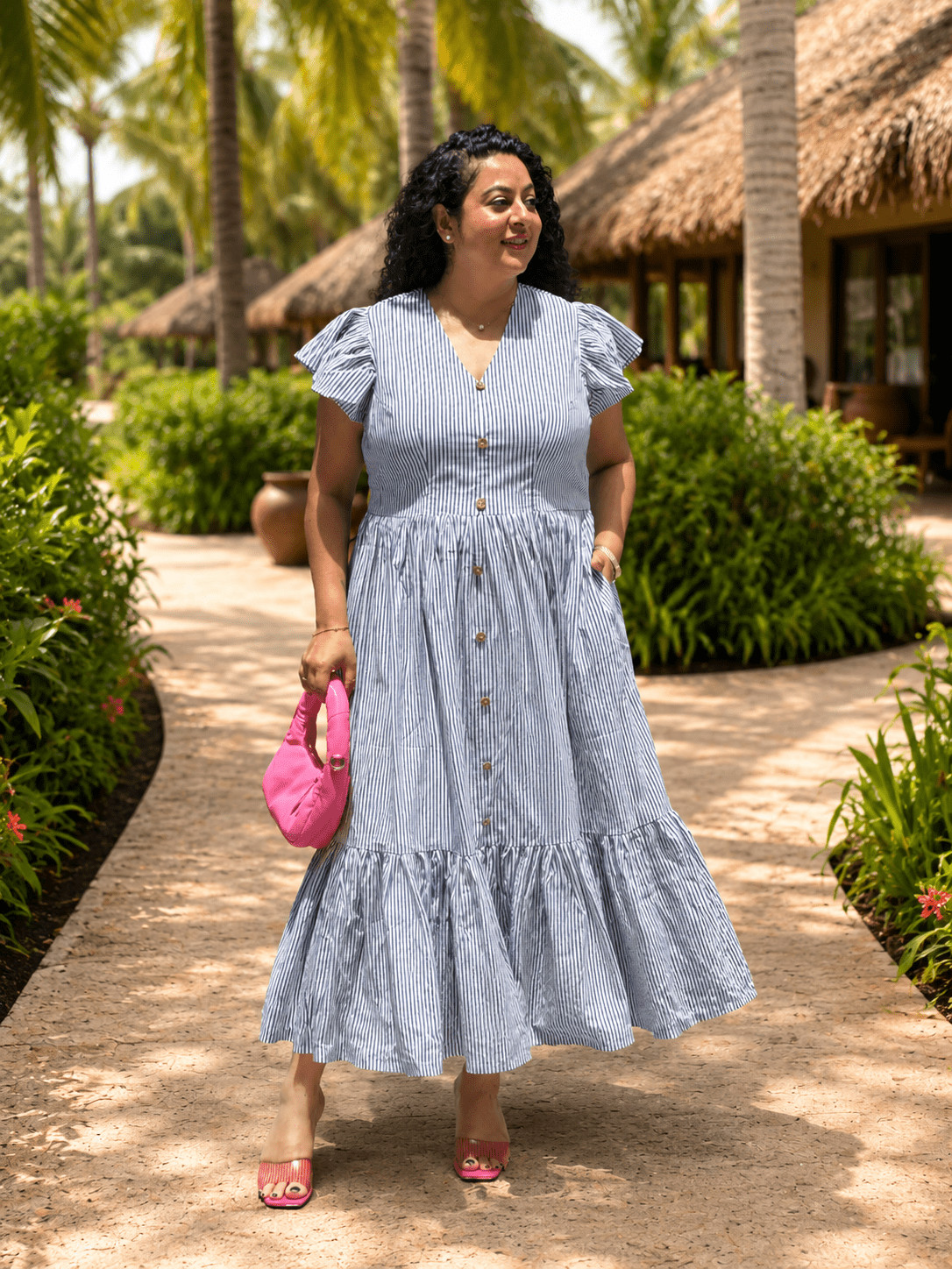 Ocean Stripe : Dabu Stripe Handblock Printed Cotton Maxi Dress -