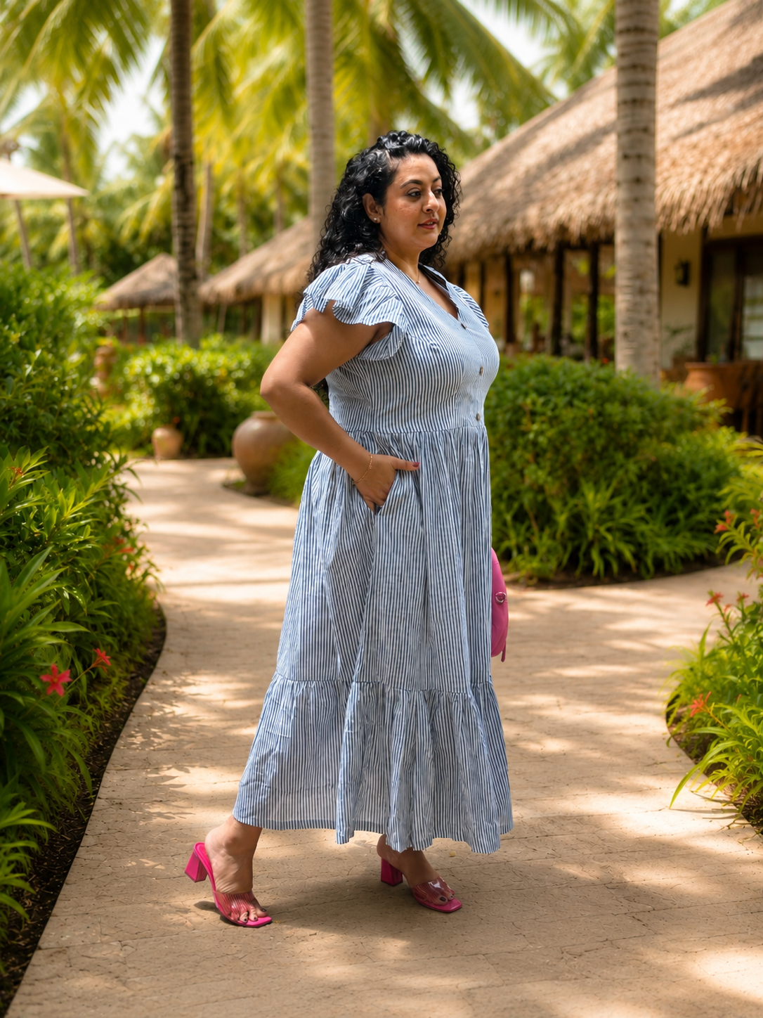 Ocean Stripe : Dabu Stripe Handblock Printed Cotton Maxi Dress