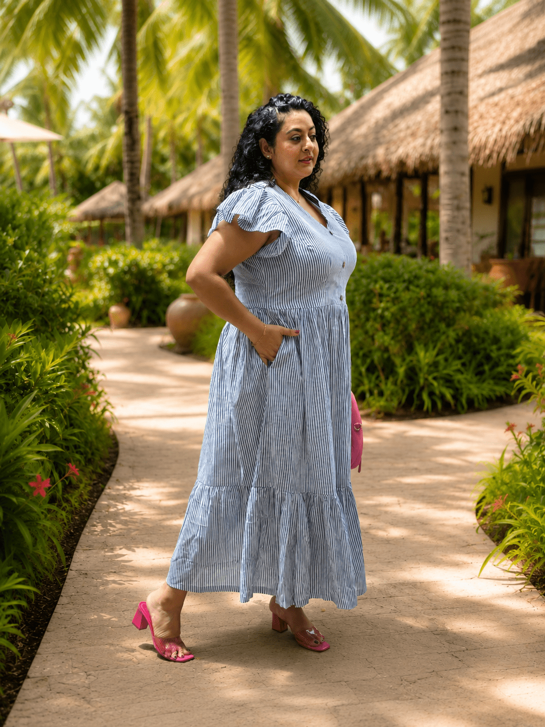 Ocean Stripe : Dabu Stripe Handblock Printed Cotton Maxi Dress -