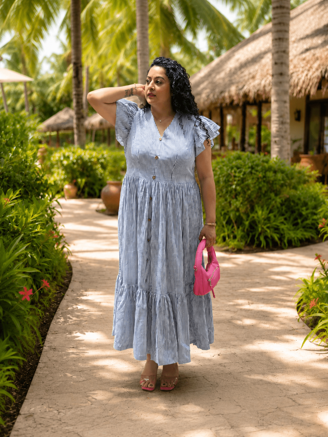 Ocean Stripe : Dabu Stripe Handblock Printed Cotton Maxi Dress -