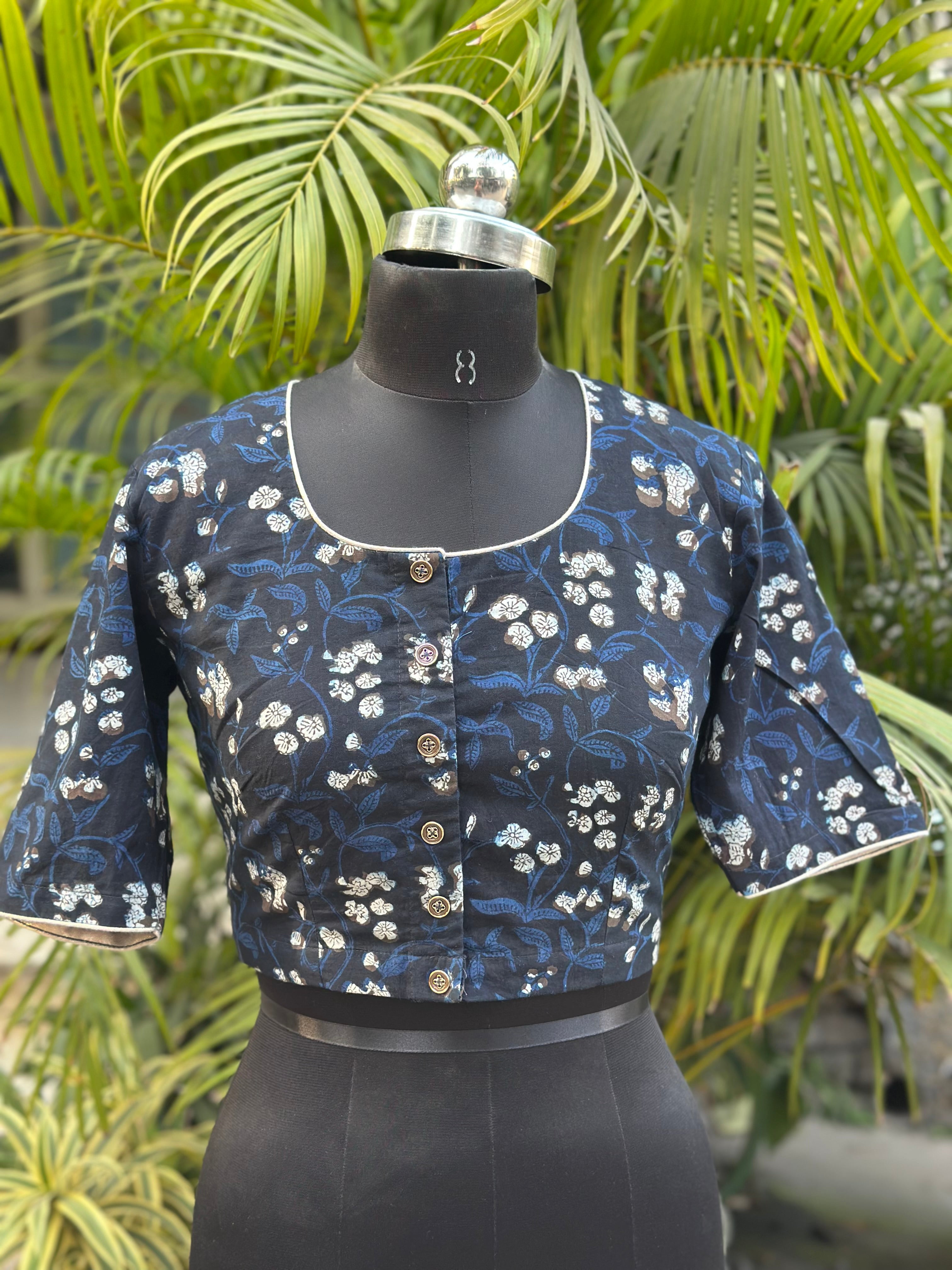 Chaandni- Dark Blue Bagru Handblock Print round neck cotton blouse with sleeves